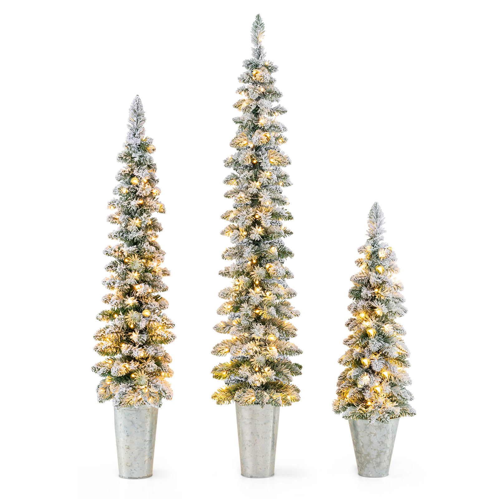 LJG Set of 3 Pre-Lit Snow Flocked Artificial Christmas Trees Witrh 423 Branch Tips
