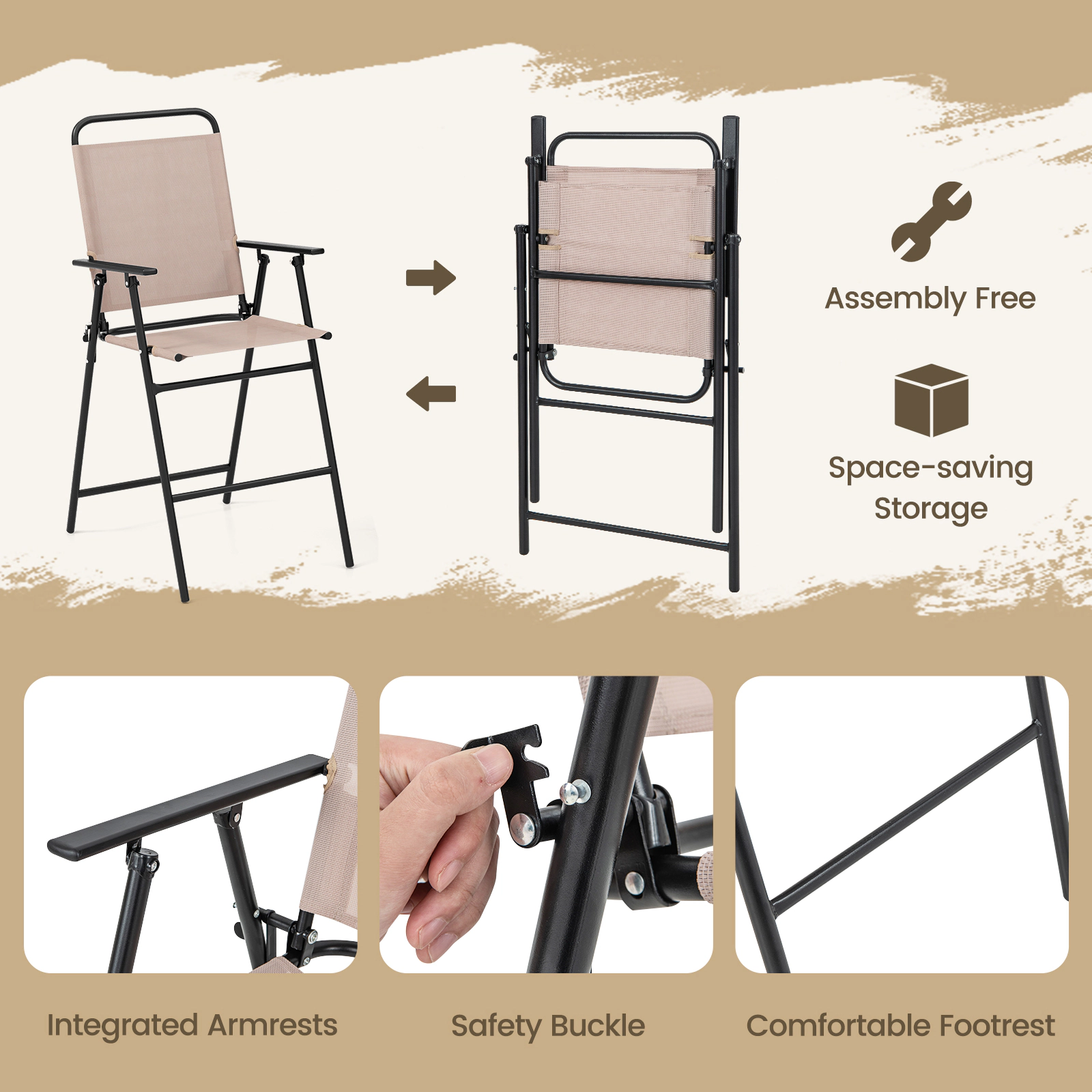 SUGIFT 4-Piece Beige Outdoor Bar Set, 36-Inch Table, 2 Folding Chairs and Umbrella