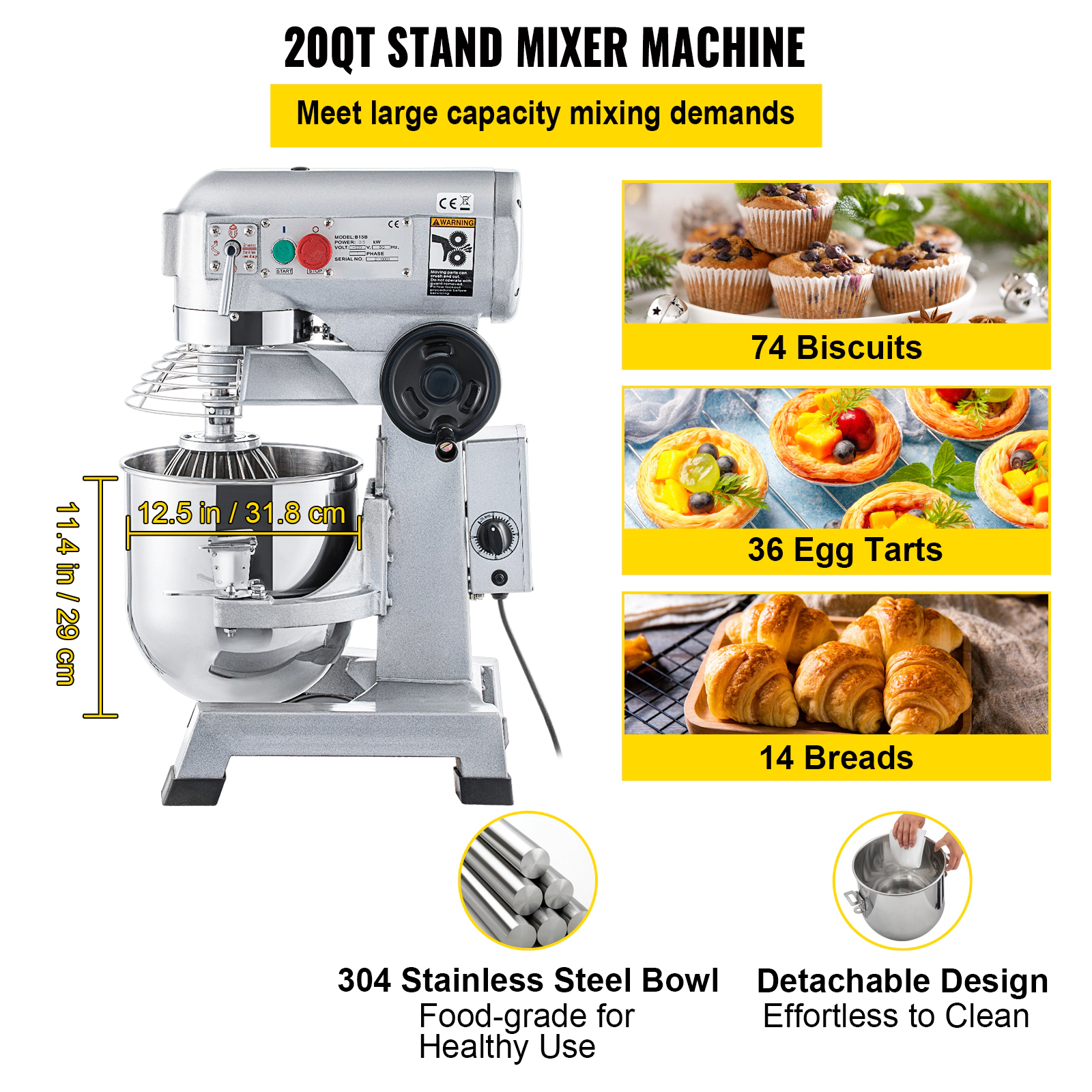 HONGGE Commercial Food Mixer Commercial Mixer with Timing Function Stainless Steel Bowl Heavy Duty Electric Food Mixer