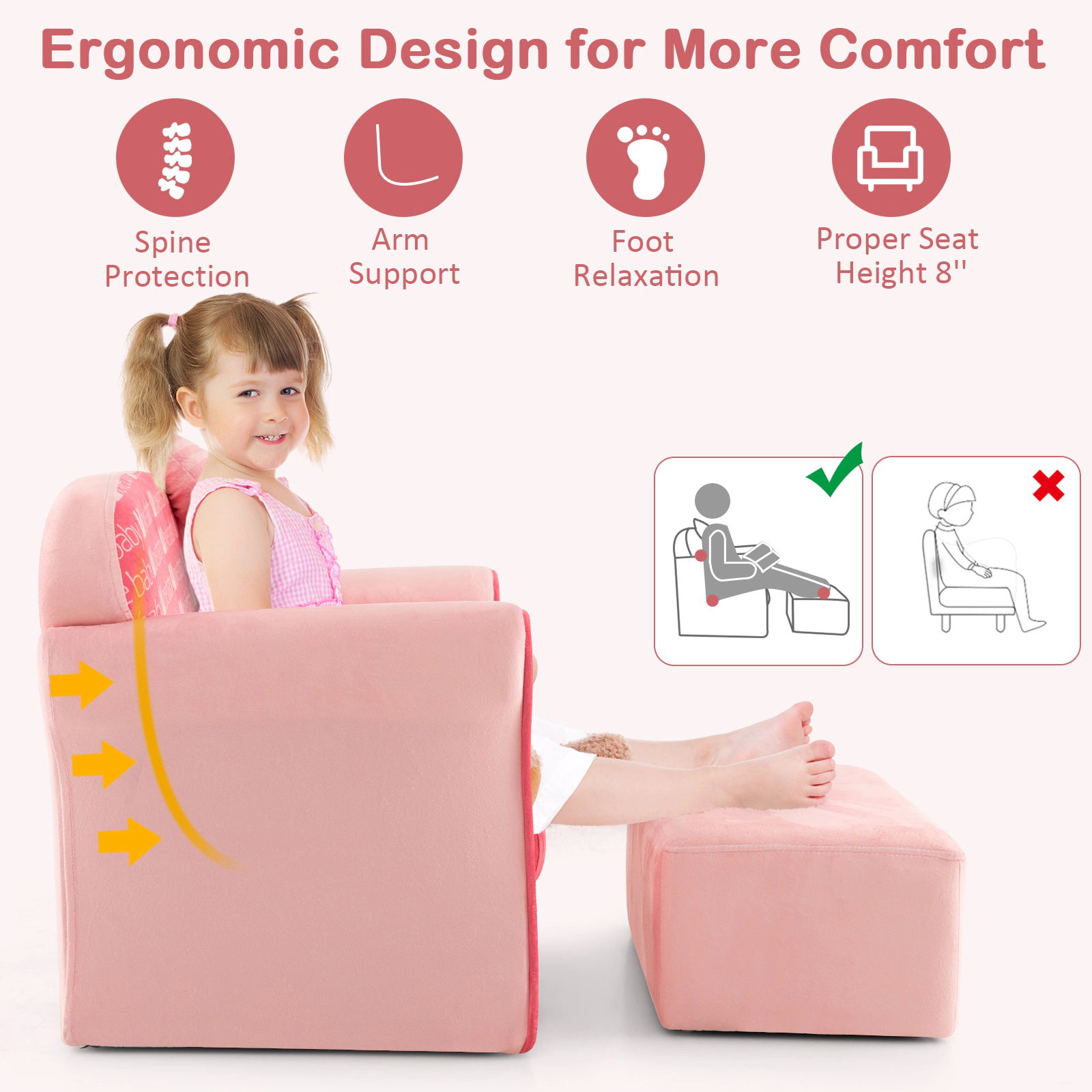 SUGIFT Ultra Soft Velvet Kids Sofa Chair with Ottoman 220-lb Couch 110-lb Ottoman Capacity Ages 0-5 Pink