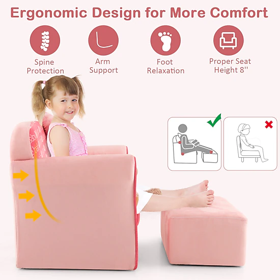 SUGIFT Ultra Soft Velvet Kids Sofa Chair with Ottoman 220-lb Couch 110-lb Ottoman Capacity Ages 0-5 Pink