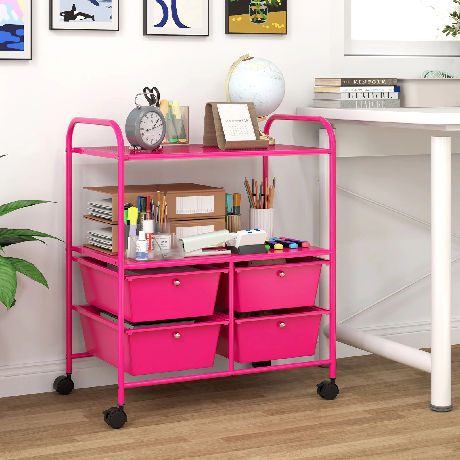 SlickBlue Utility Rolling Cart with 4 Drawers, Shelves & Metal Frame