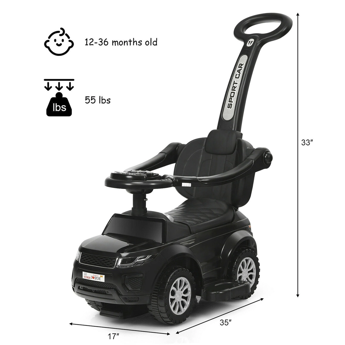 SUGIFT 3-in-1 Ride-On Push Car Toddler Stroller Sliding Car 55-lb Capacity Ages 12-36 Months with Music Black