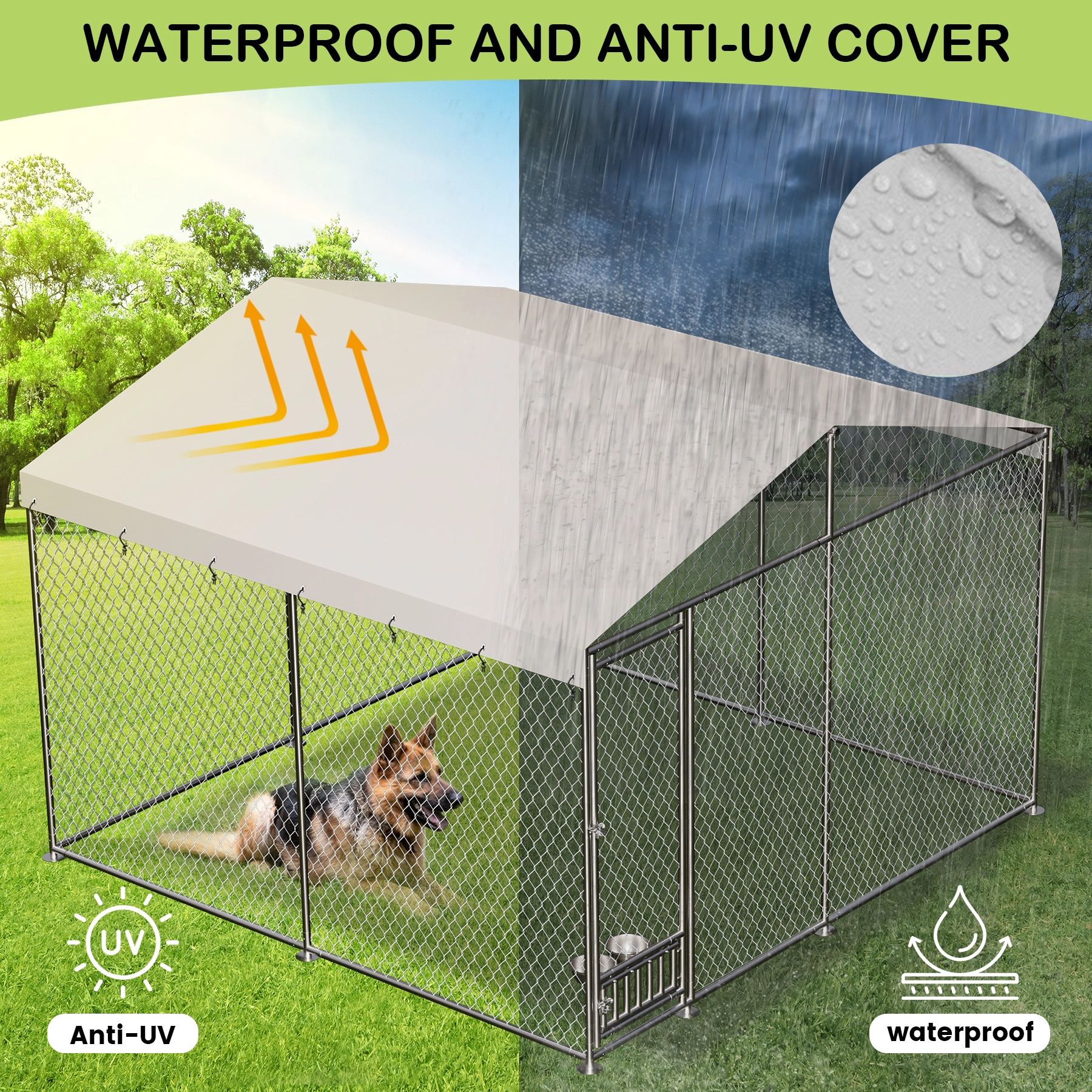 10x10x7 ft Outdoor Dog Kennel with Waterproof Anti-UV Roof, Heavy Duty Galvanized Pet Playpen for Backyard
