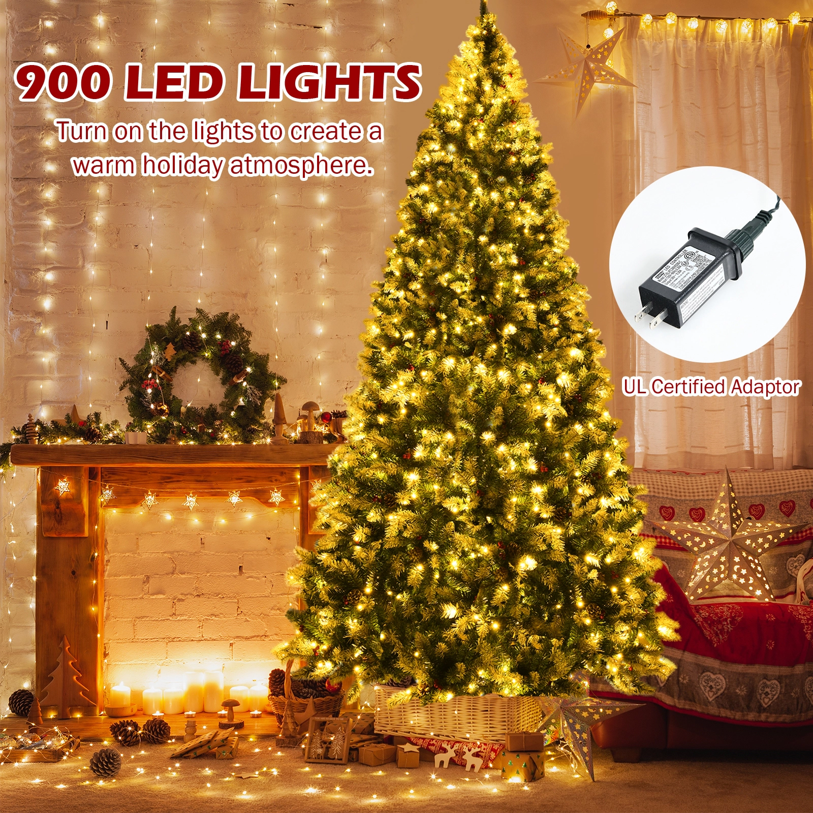 Glintex 9-Ft Pre-Lit Flocked Christmas Tree with 900 LEDs and 4 Sections, Green