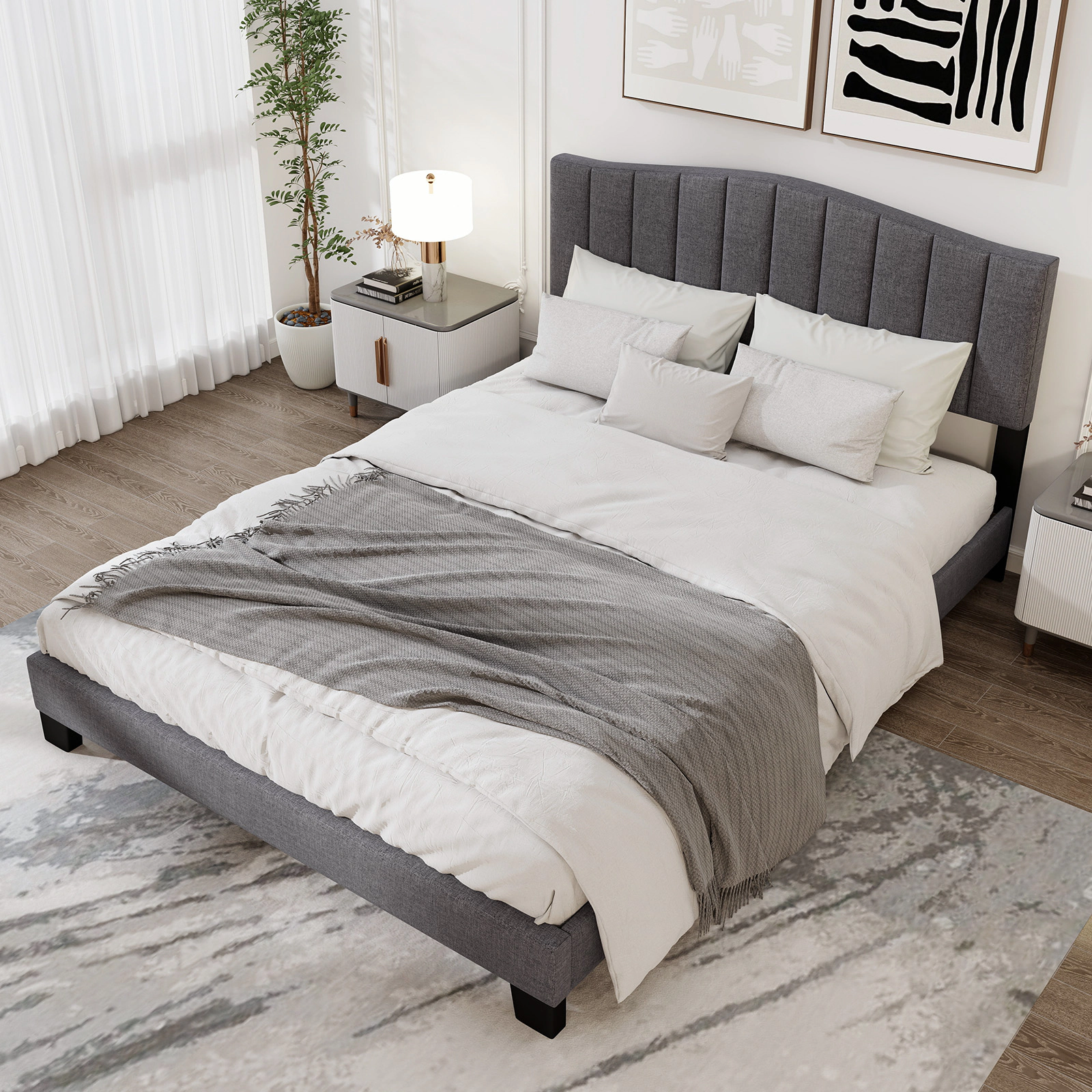 SUGIFT Modern Upholstered Queen Bed Frame with Adjustable Vertical Channel Tufted Headboard 770-lb Capacity Gray + Black