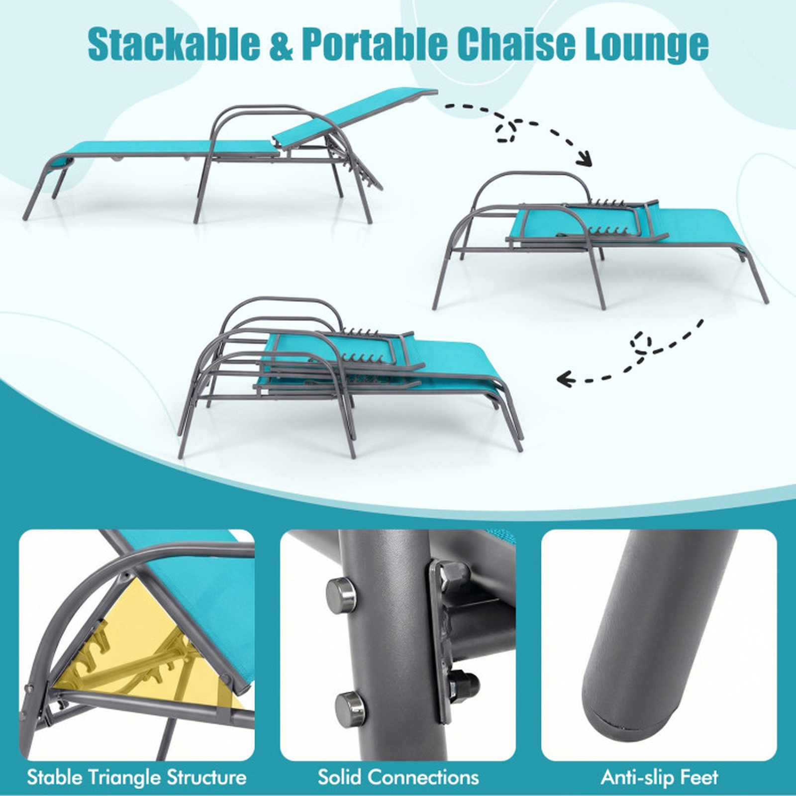 SUGIFT Adjustable 5-Position Patio Chaise Lounge Chair 350-lb Capacity 75.5-in Horizontal 62.5-in Upright Turquoise