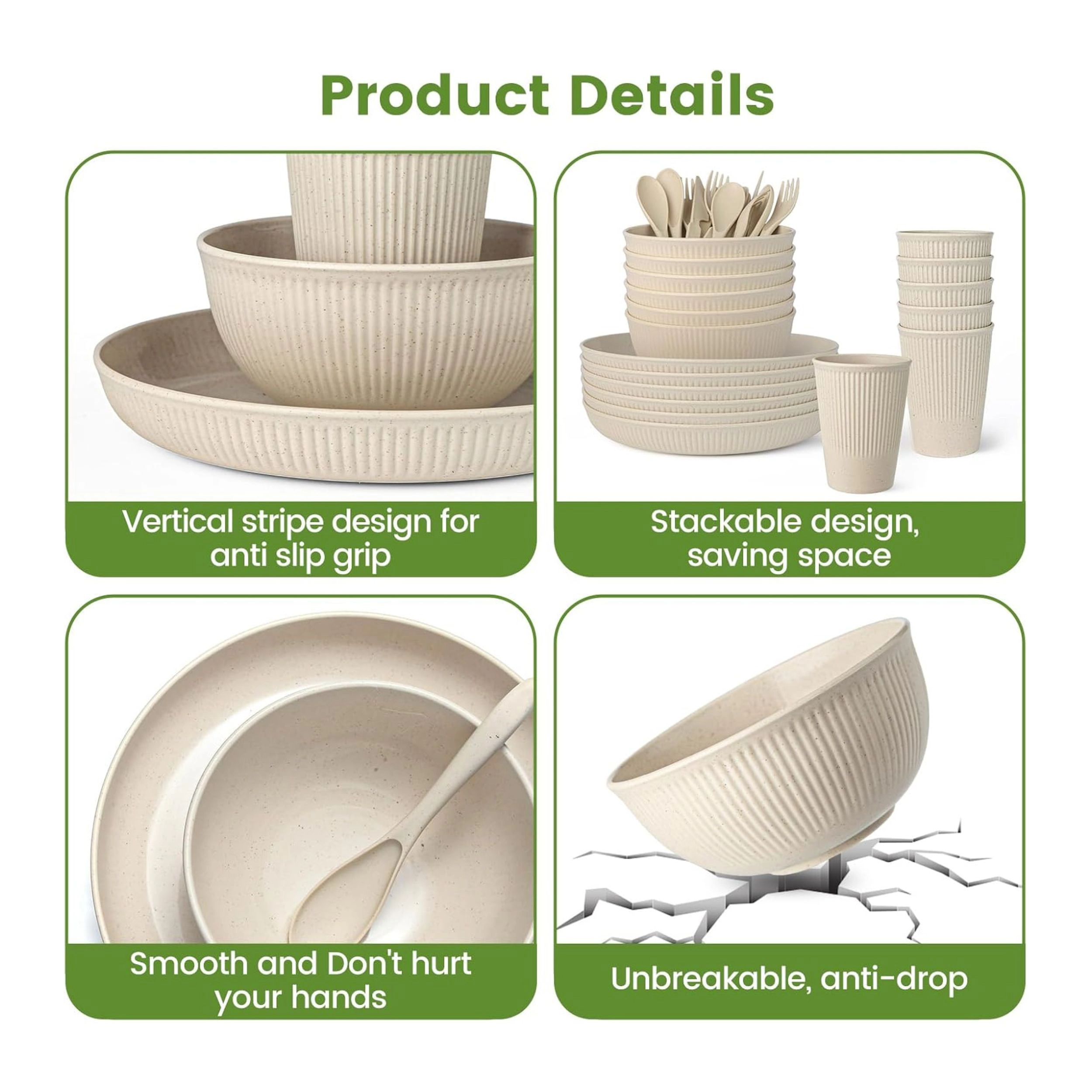 Stock Preferred Pack of 6 Wheat Straw Dinnerware Set for 6 with Plates Bowls Cups and Cutlery