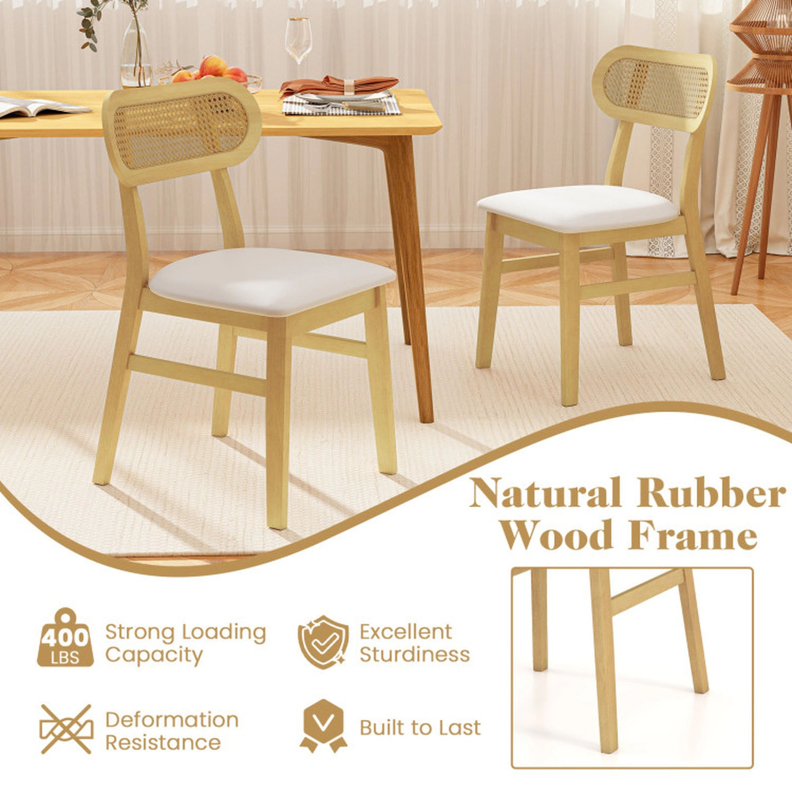 SUGIFT Set of 2 Mid-Century Rattan Back Dining Chairs with PU Leather Seats