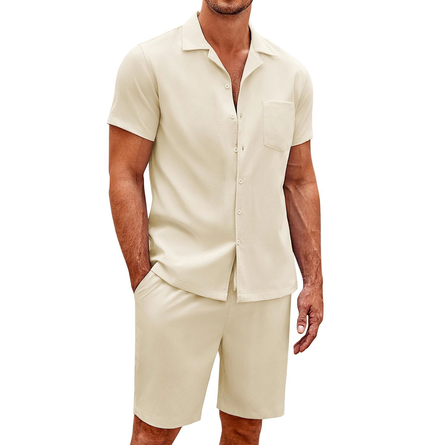 COOFANDY Mens  Camp Collar Short Sleeve Button Down Shirt 2 Piece Set Shorts
