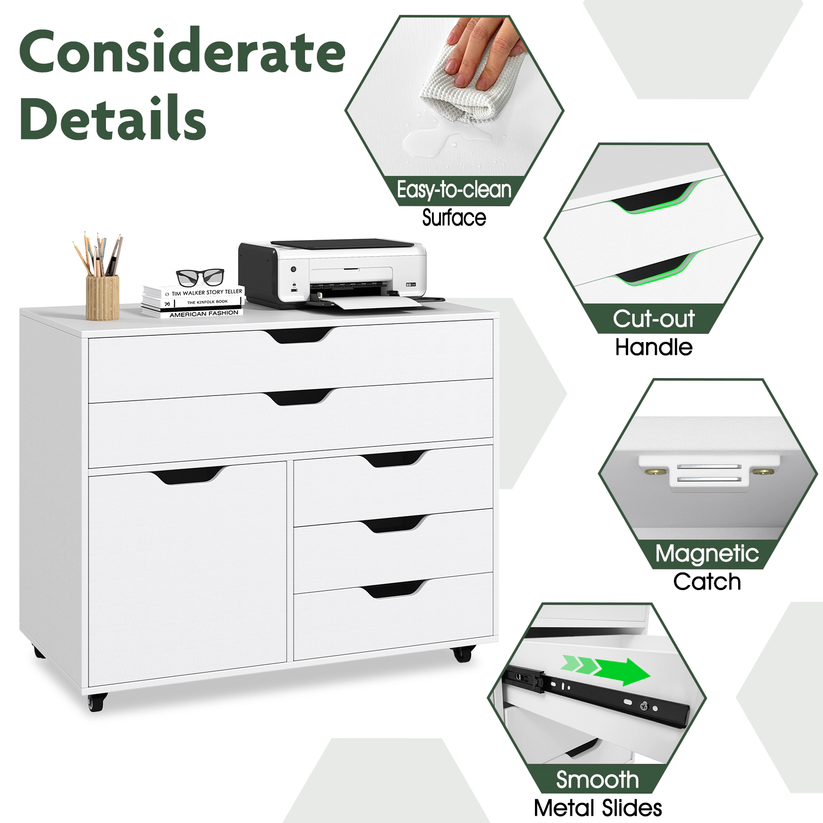 SUGIFT White 30-in 220-lb Capacity 5-Drawer Mobile Rolling Storage Chest with Door and 5 Casters