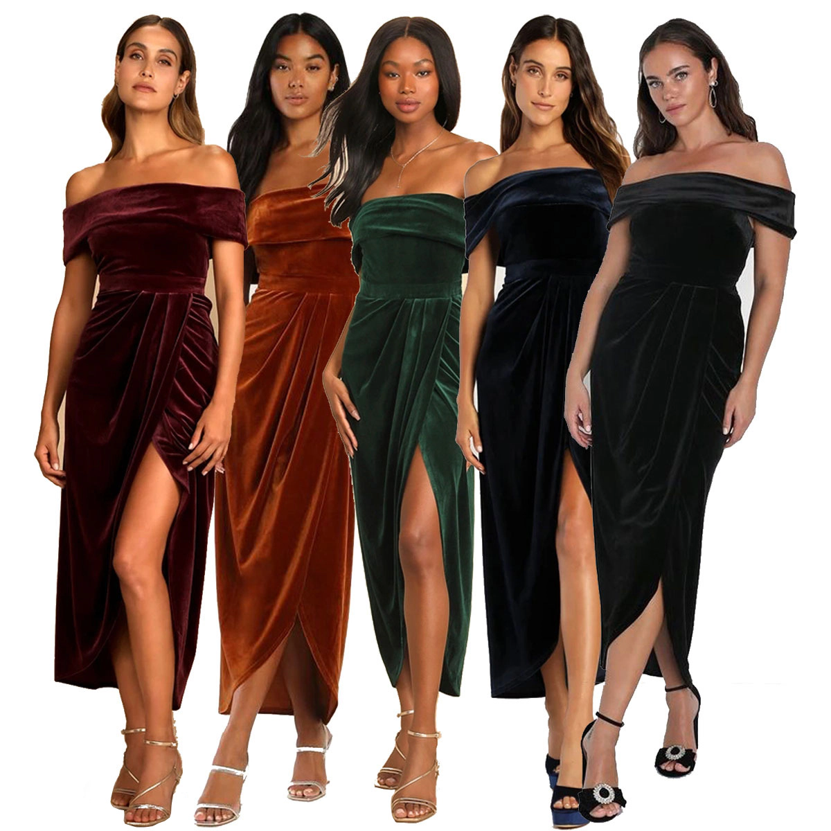KOJOOIN Women's Off Shoulder Velvet Bodycon Midi Dress Ruched Cocktail Party Wedding Evening Dresses