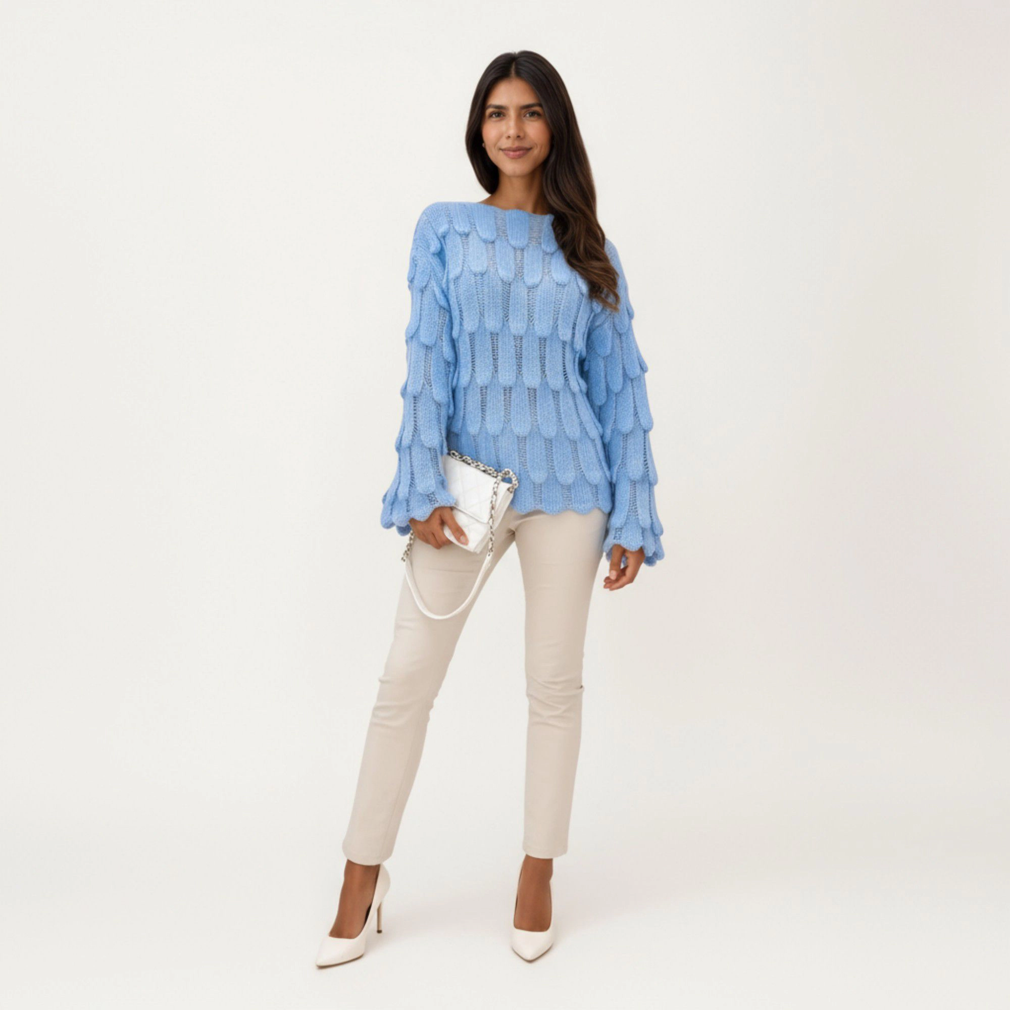 Anna-Kaci Women's Textured Loop Knit Sweater Top with Soft Open-Stitch Pattern Long Flared Sleeves Cozy Statement