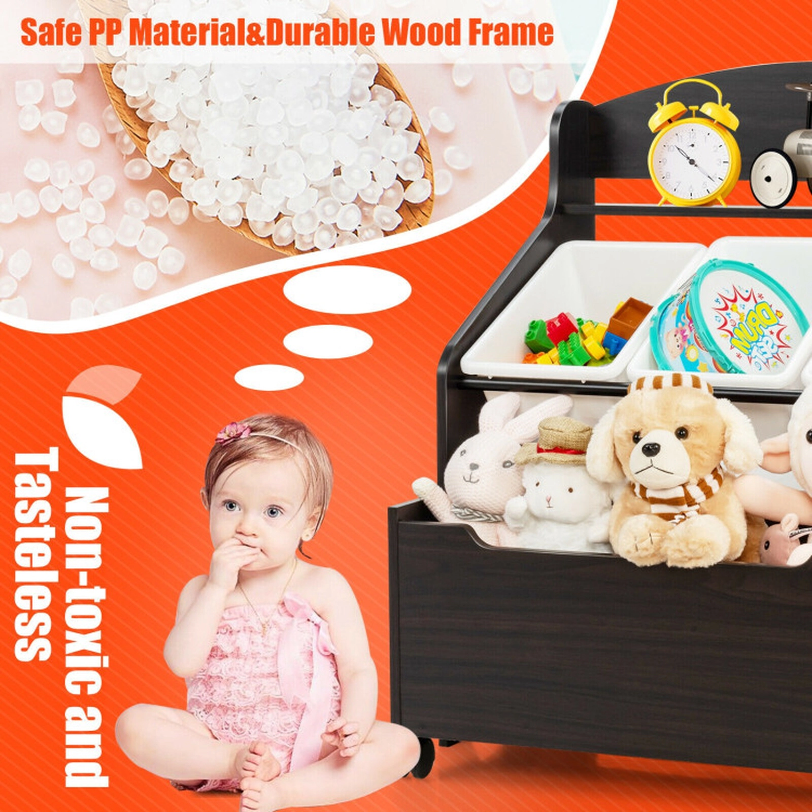 SUGIFT 30-in 22-lb Box Kids Wooden Toy Storage Unit Organizer with Lockable Rolling Wheels and 3 Plastic Bins