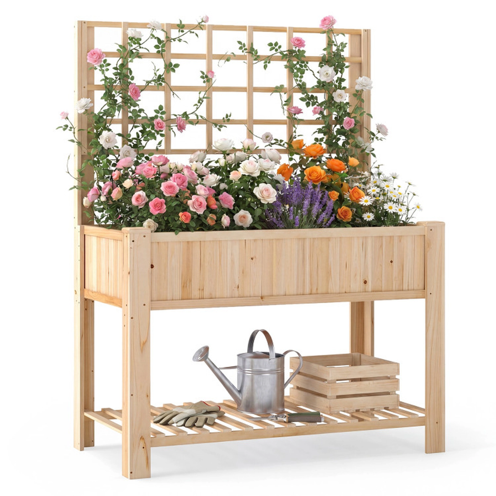 SUGIFT 59-in 110-lb Capacity Natural Fir Wood Raised Garden Bed with Trellis 88-lb Storage Shelf and Legs