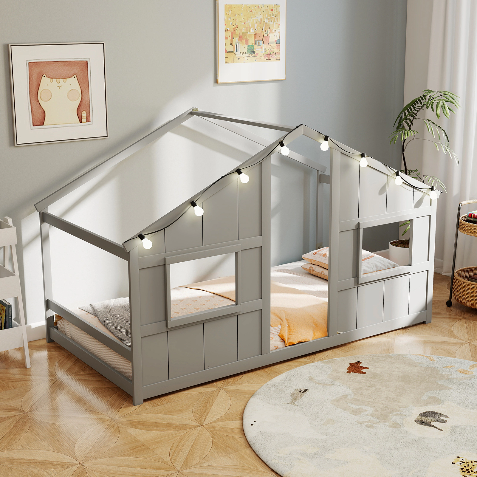 SUGIFT Twin Size Slat-Free House Floor Bed with LED Lights 51-in Tall Toddler Bed Solid Wood Frame Gray White Natural
