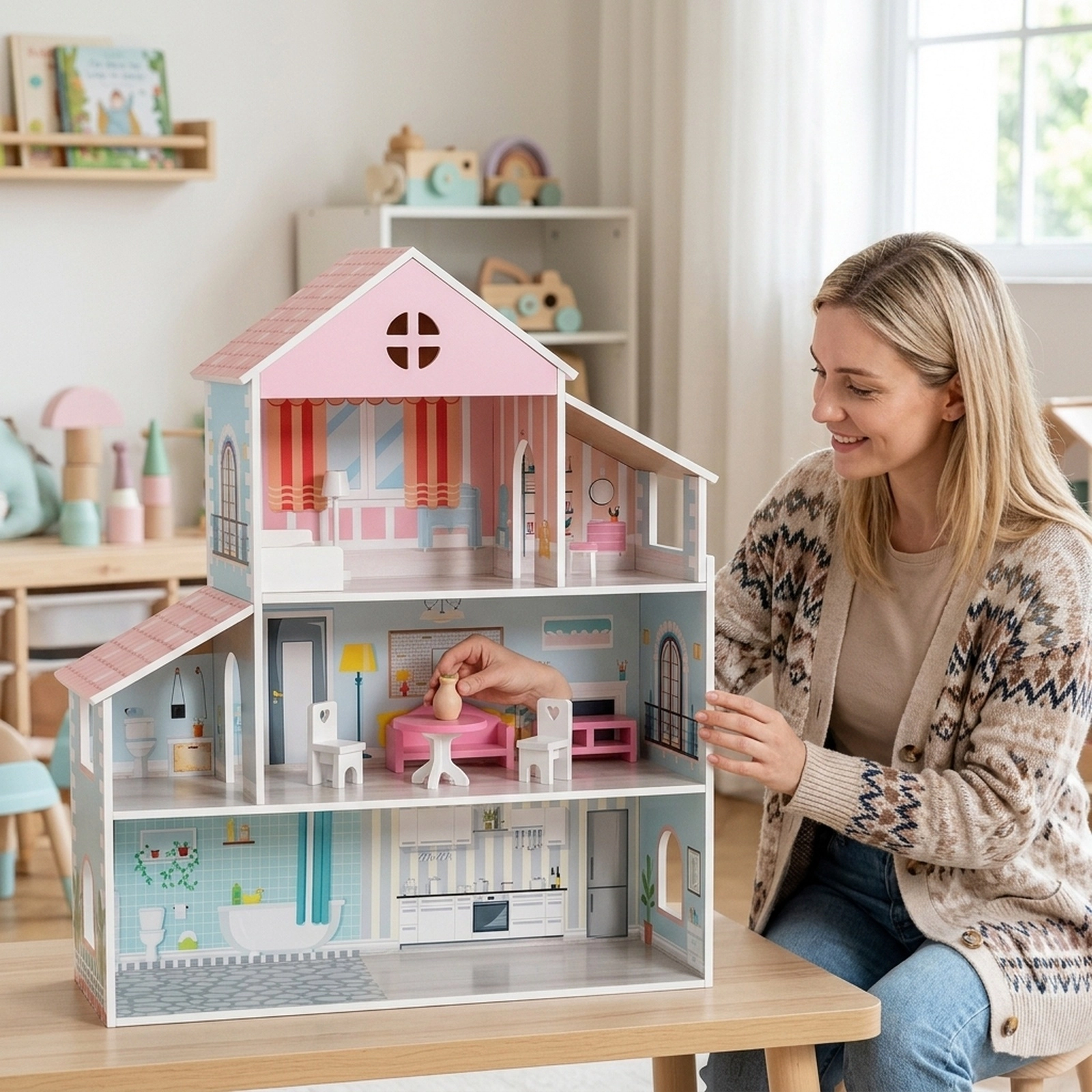 3-Tier Doll House with 8 Furniture Pieces 6 Rooms MDF Wooden Dollhouse 34.25-in Tall with Colorful Wallpaper