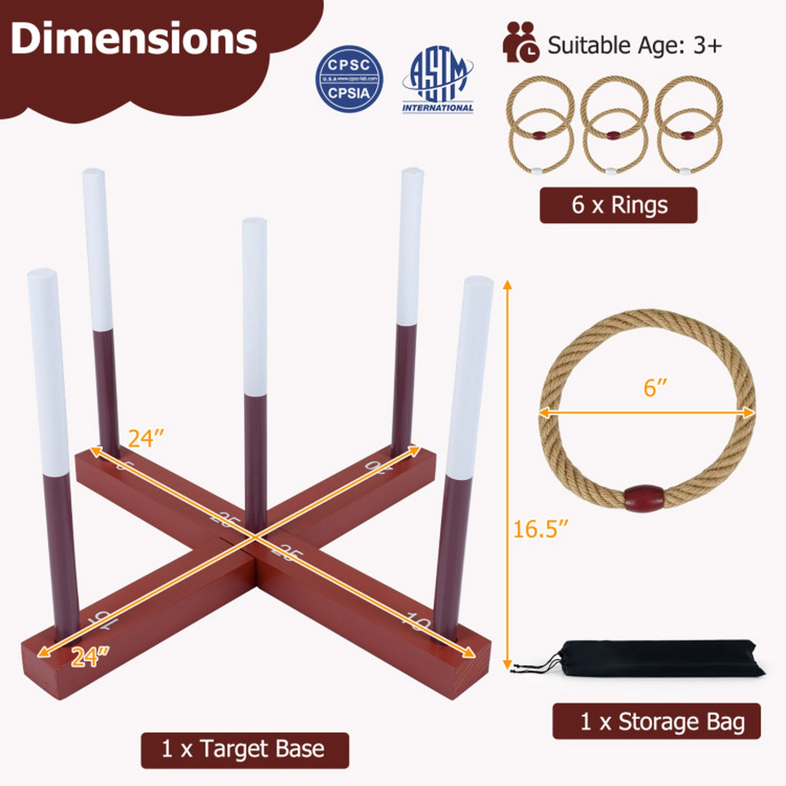 SUGIFT Brown Wooden Kids Ring Toss Game with 6 Hemp Rope Rings and Storage Bag 24-in W 16.5-in H Ages 3+