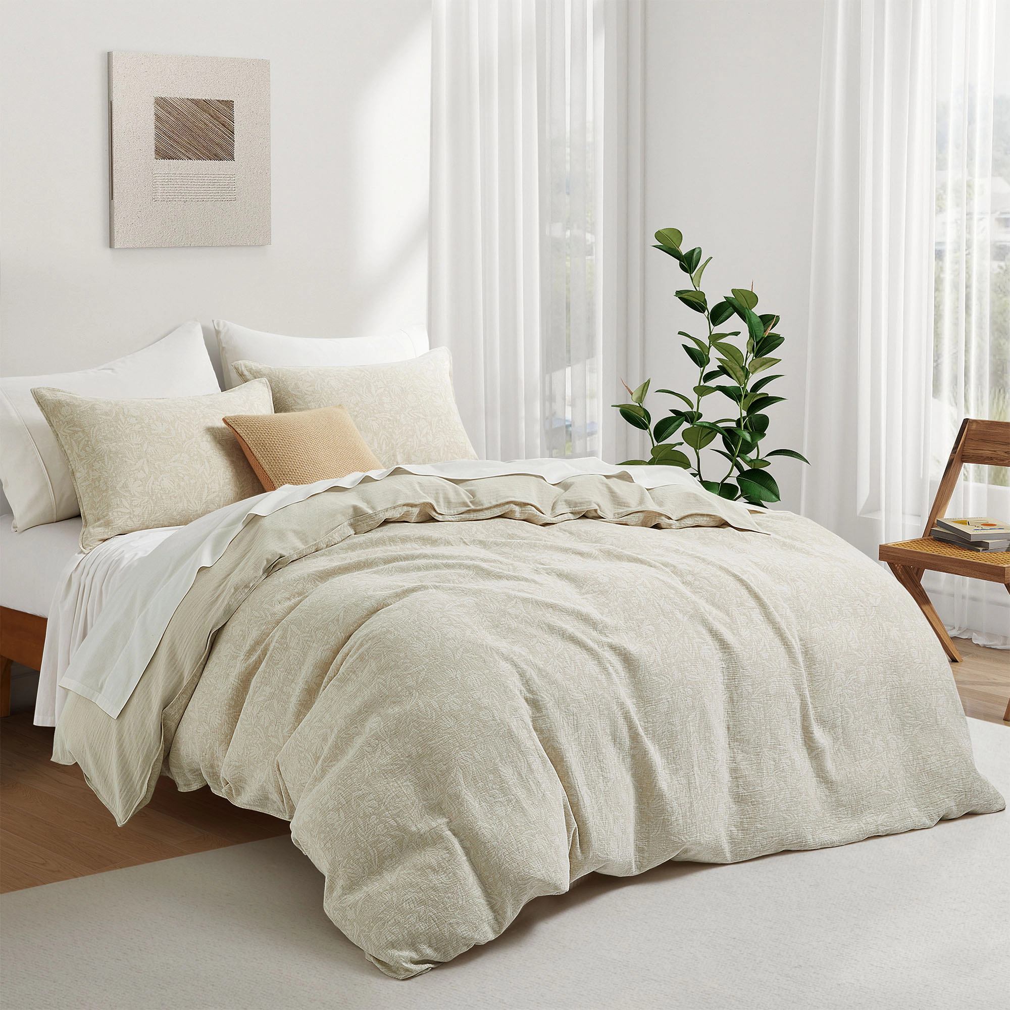 PEACENEST Cotton Linen Blend Duvet Cover Set, Breathable Textured Bedding Set