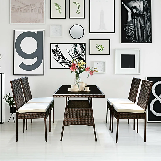 LJG 5 Pieces Rattan Dining Set Glass Table High Back Chair