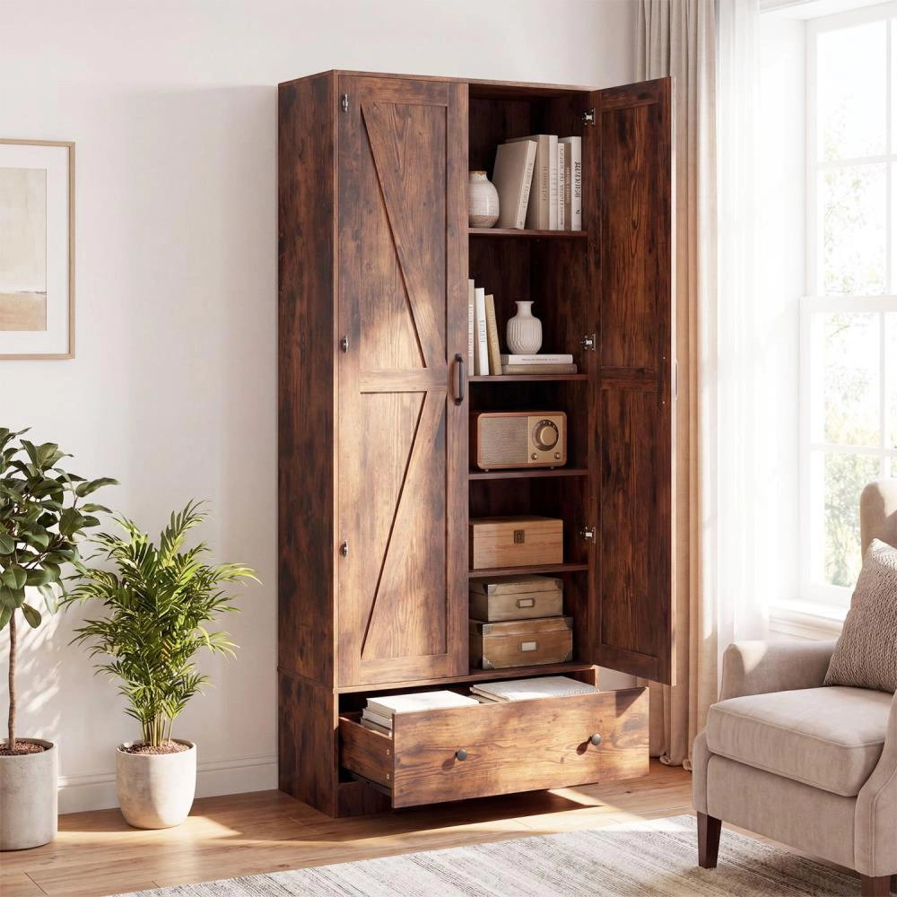Hivvago Tall Kitchen Pantry Cabinet Farmhouse Wooden Cupboard With 2 Doors