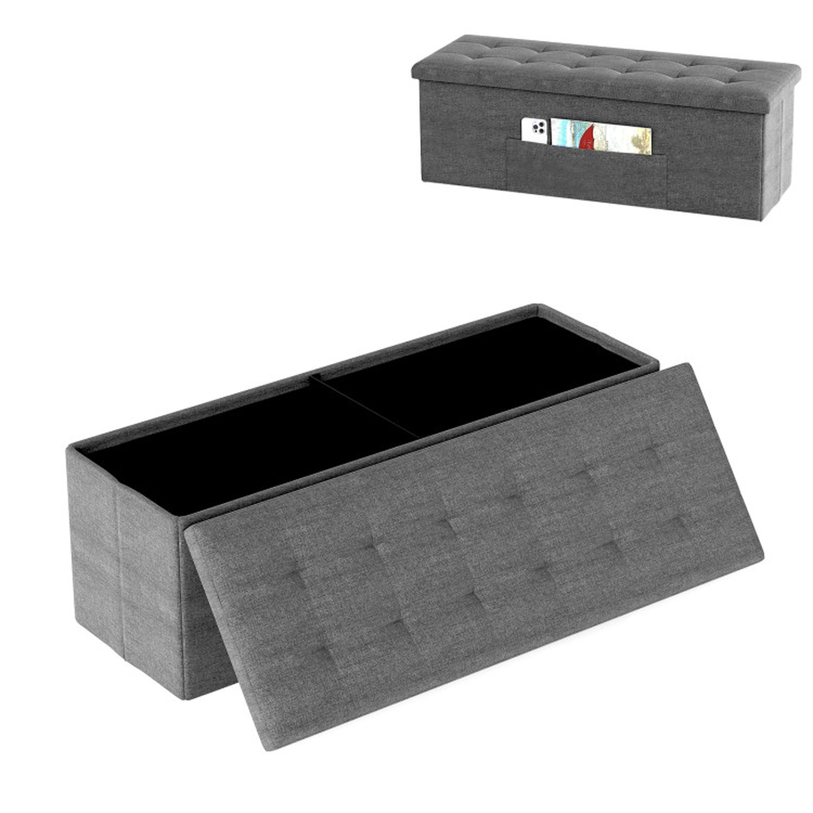 SUGIFT Folding Storage Ottoman Bench Padded Seat 660-lb Capacity End of Bed Bench with Storage Compartments Dark Gray