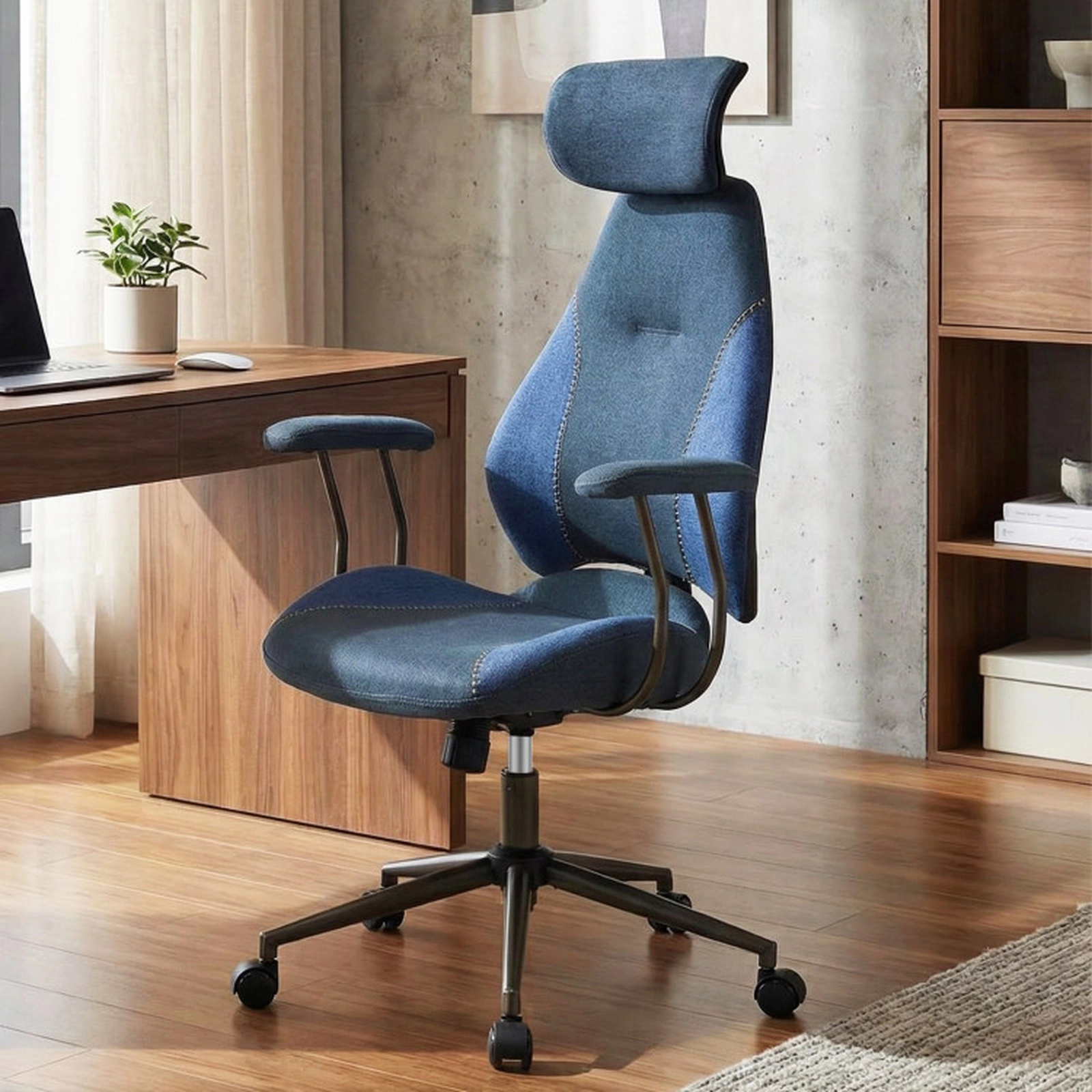 SUGIFT 2D Headrest Rocking Backrest Suede Upholstered Ergonomic Office Chair 27.5-in x 25-in x 46-in 330-lb Navy