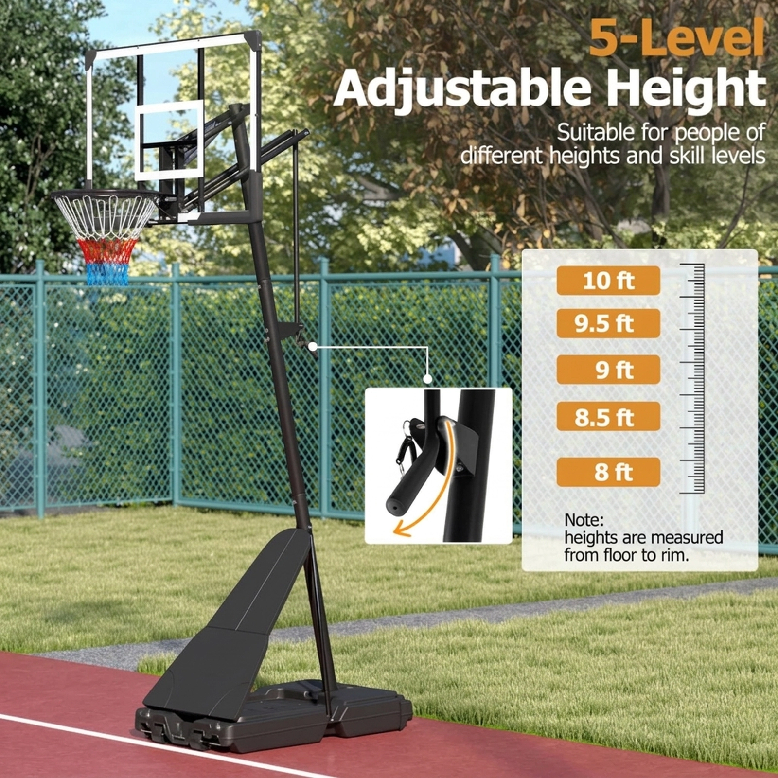 SUGIFT Height Adjustable Portable Outdoor Basketball Hoop System 8-10 ft Rim with 44-in Backboard Black