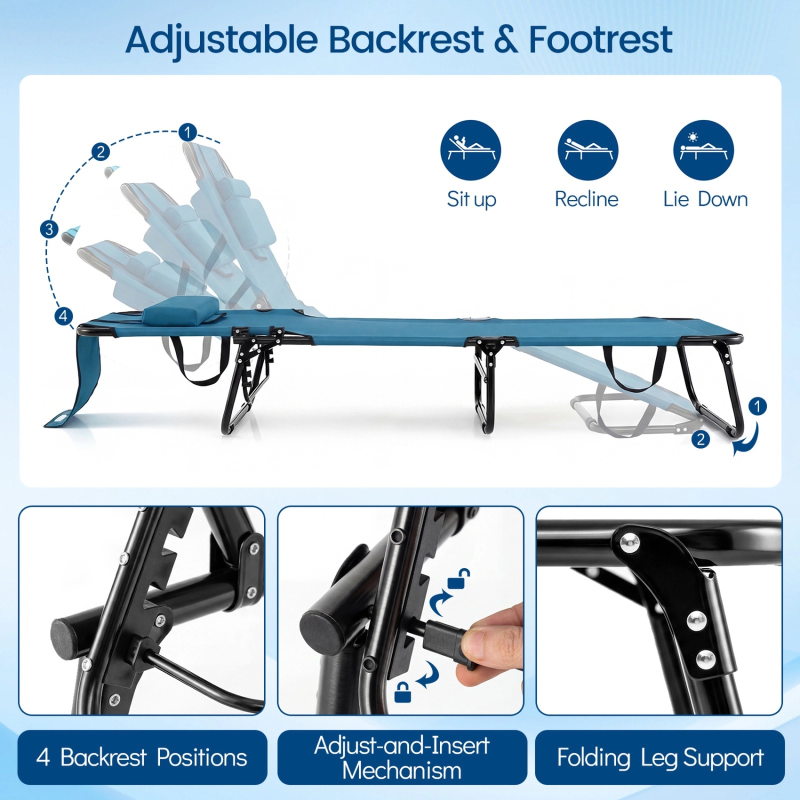 SUGIFT Folding Face-Down Tanning Chair, Face Hole, 3 Pillows, Adjustable Backrest, Blue