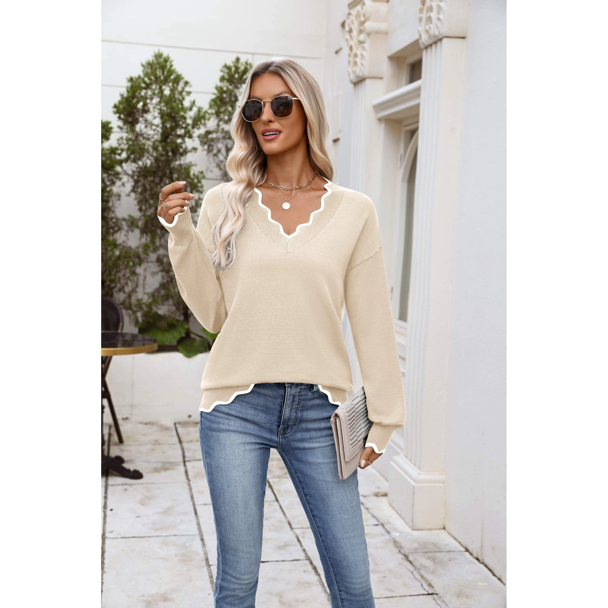 Zeagoo Women's Printed Long Sleeve V-Neck Knit Pullover