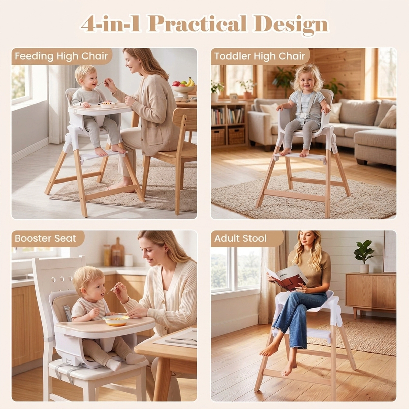 SUGIFT 4-in-1 Convertible Baby High Chair with Detachable Adjustable Tray 33-lb Capacity Ages 6-36 Months Beige