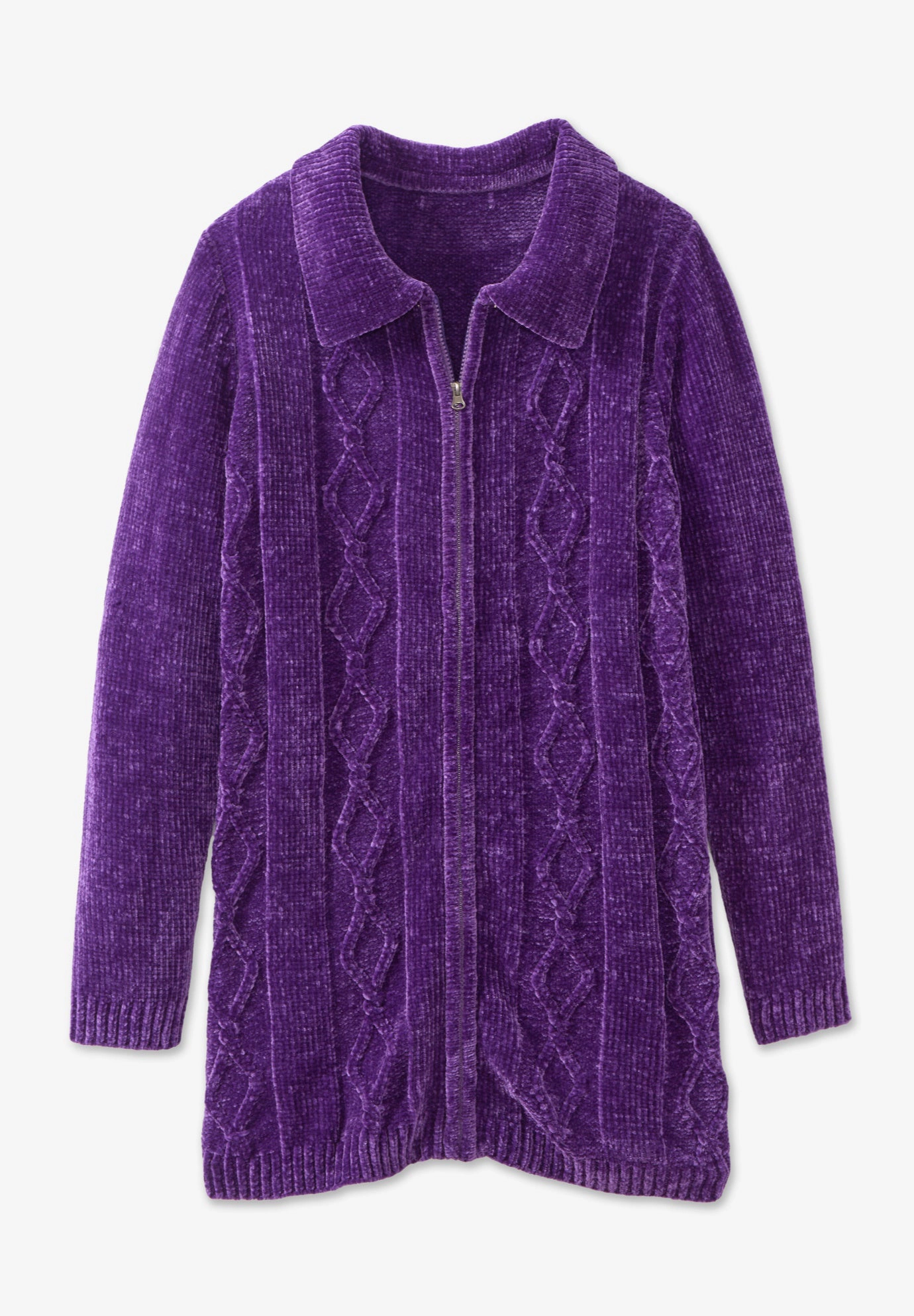 Woman Within Plus Size Chenille Zip Cable Cardigan Sweater