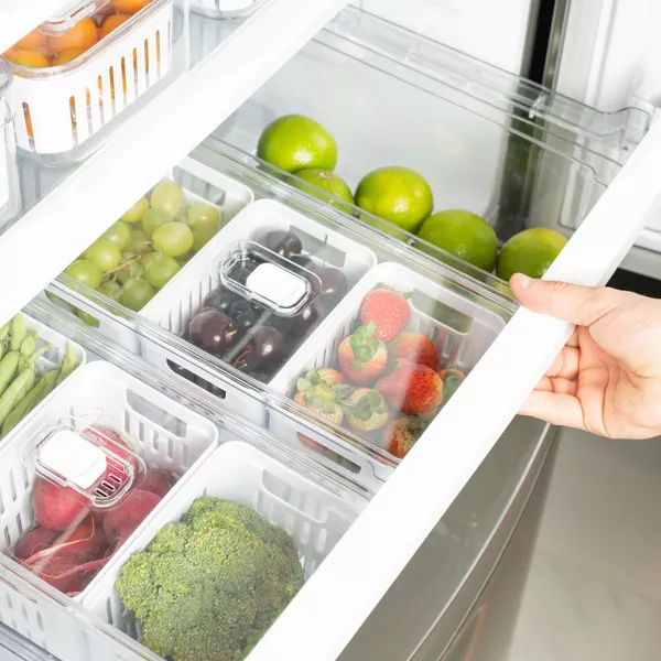 OU Clear Fridge Organizer Set, 4 Pack Stackable Produce Bins w/ Dual Removable Basket Drainers, BPA Free 74.3oz Capacity