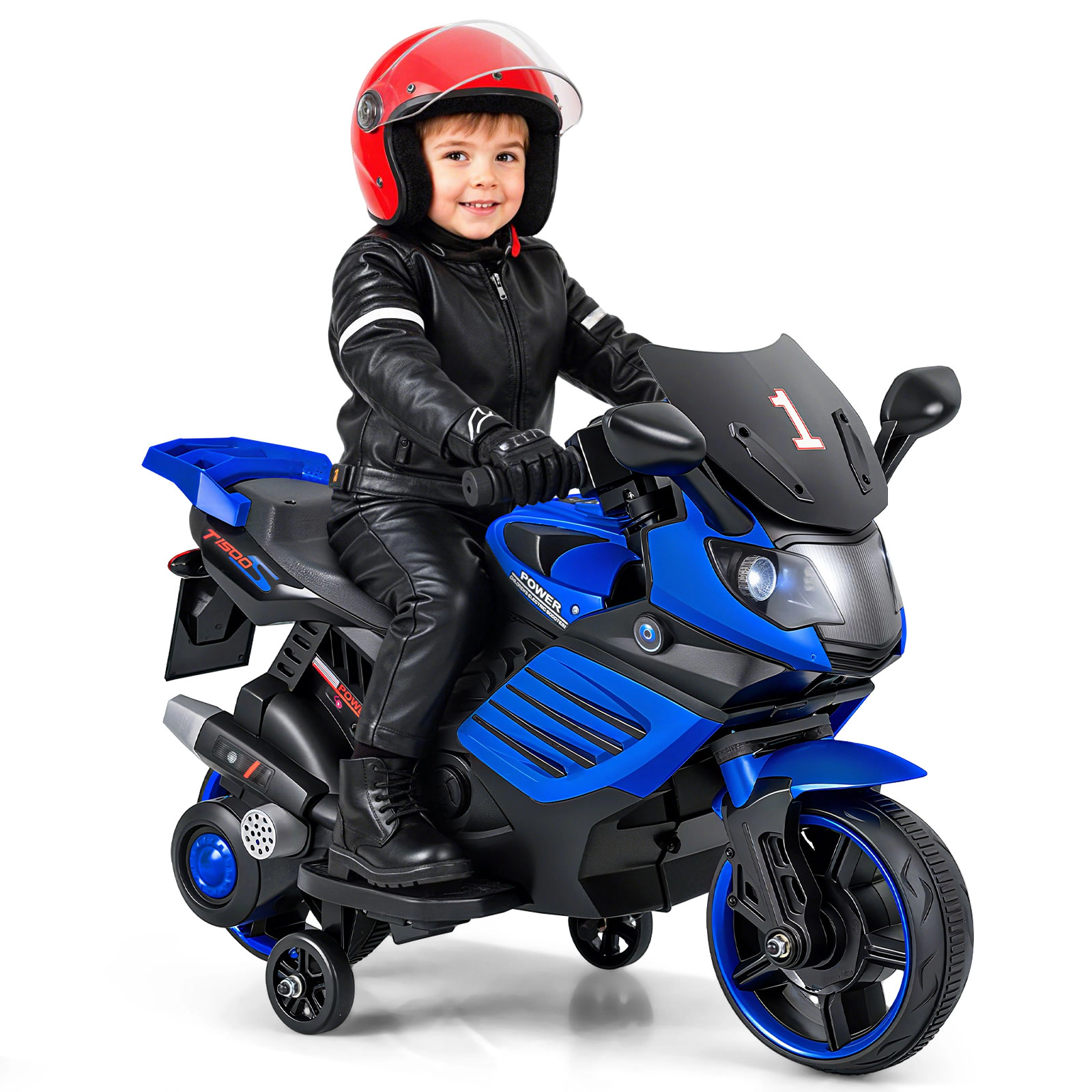 LJG 6V Kids Motorcycle with Headlights Music and Detachable Training Wheels