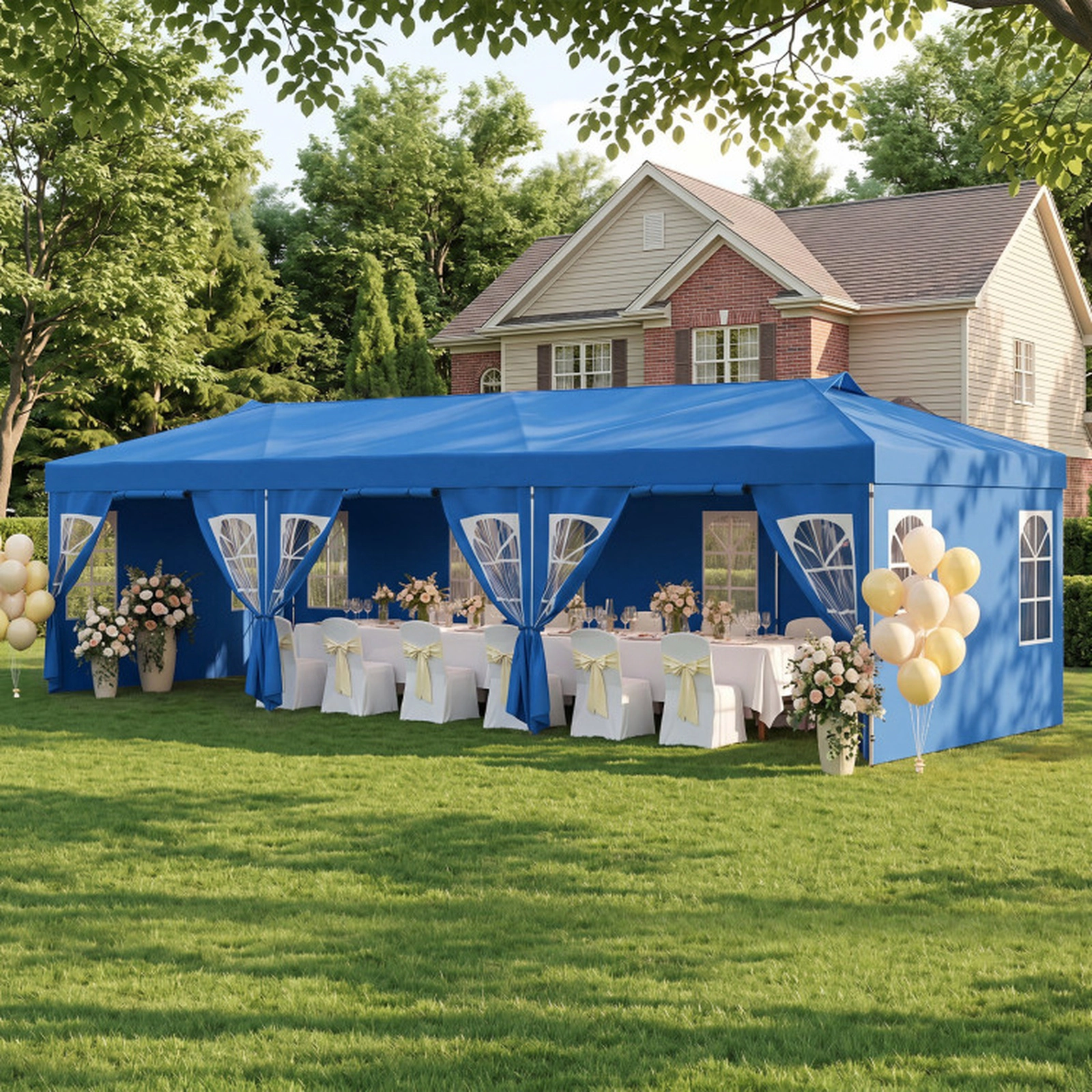 SUGIFT Blue 10-ft by 30-ft 3-Level 210D Oxford Pop Up Canopy Tent with 8 Sidewalls and Church Windows