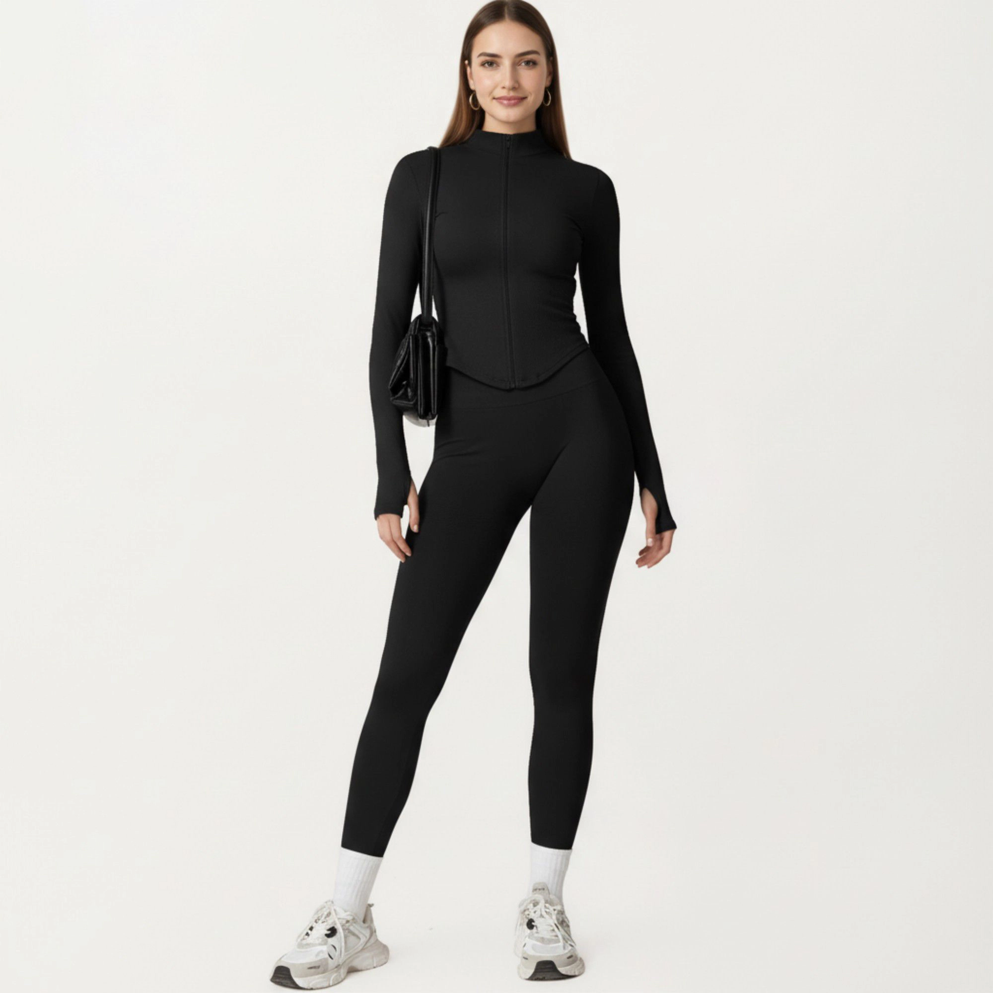 Anna-Kaci Women's Long Sleeve Zip Front Fitted Active Top with High Neck and Thumbhole Cuffs
