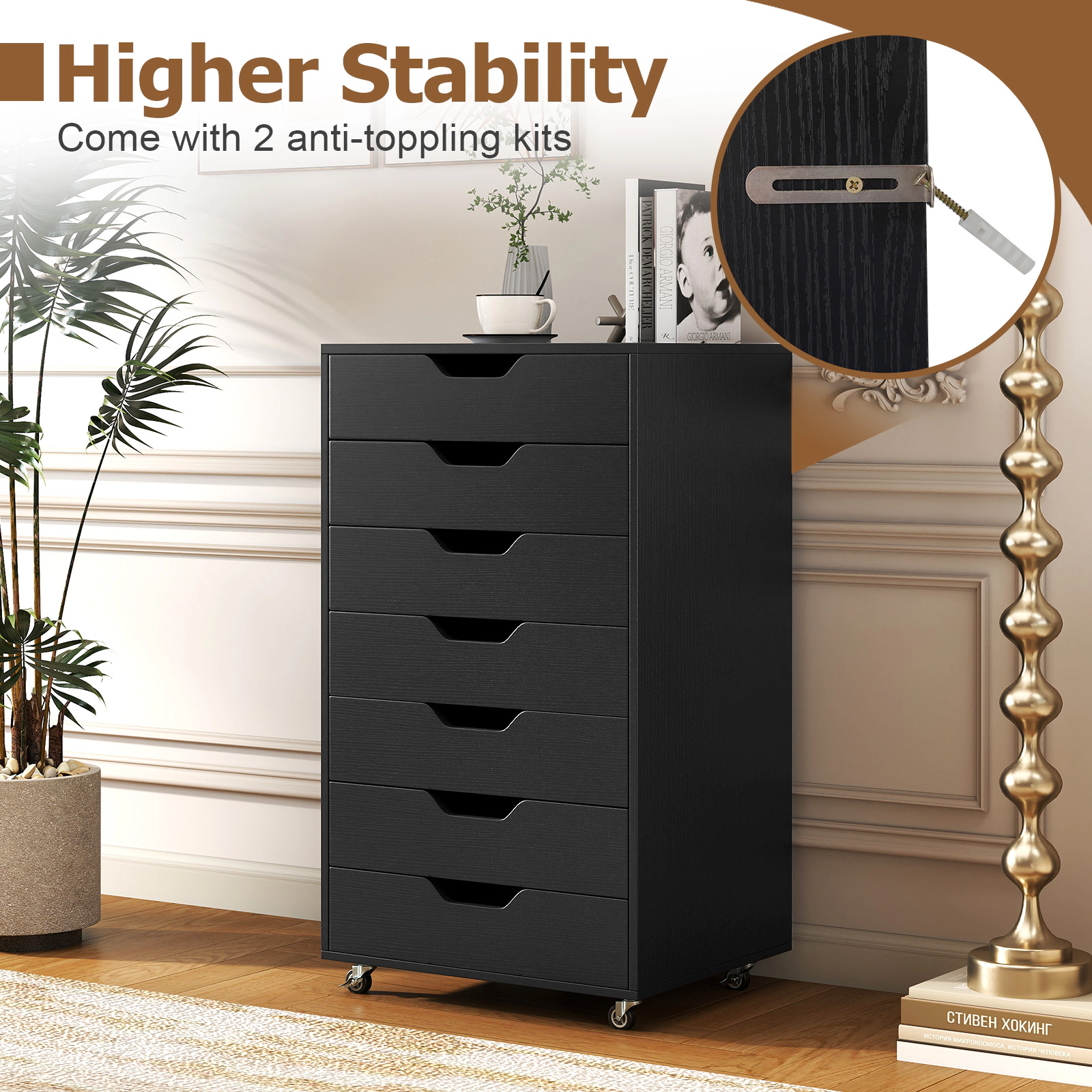 SUGIFT 7-Drawer Chest Black Wooden Storage Dresser with Lockable Wheels