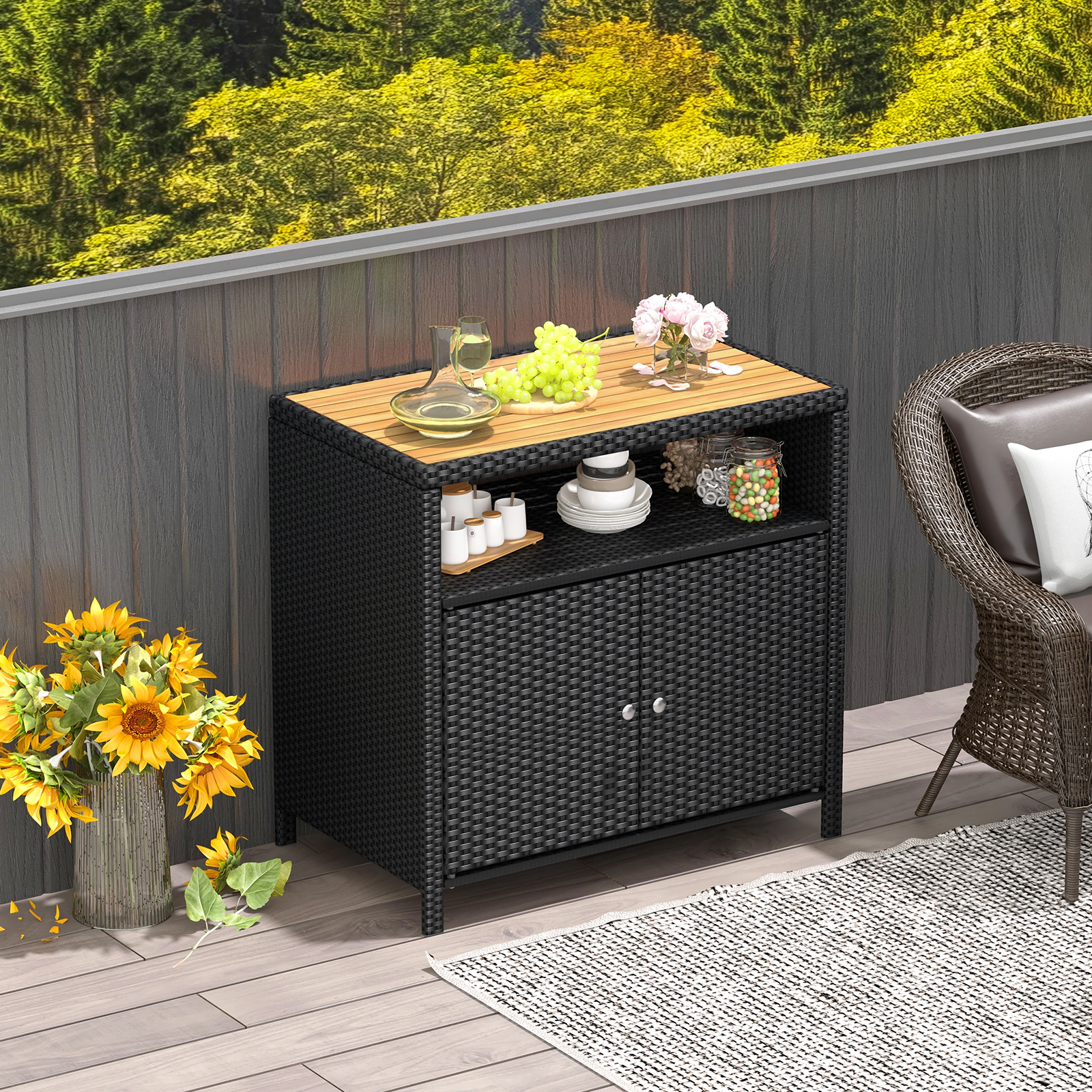 LJG Rattan Storage Cabinet with Acacia Wood Countertop for Poolside Deck and Patio