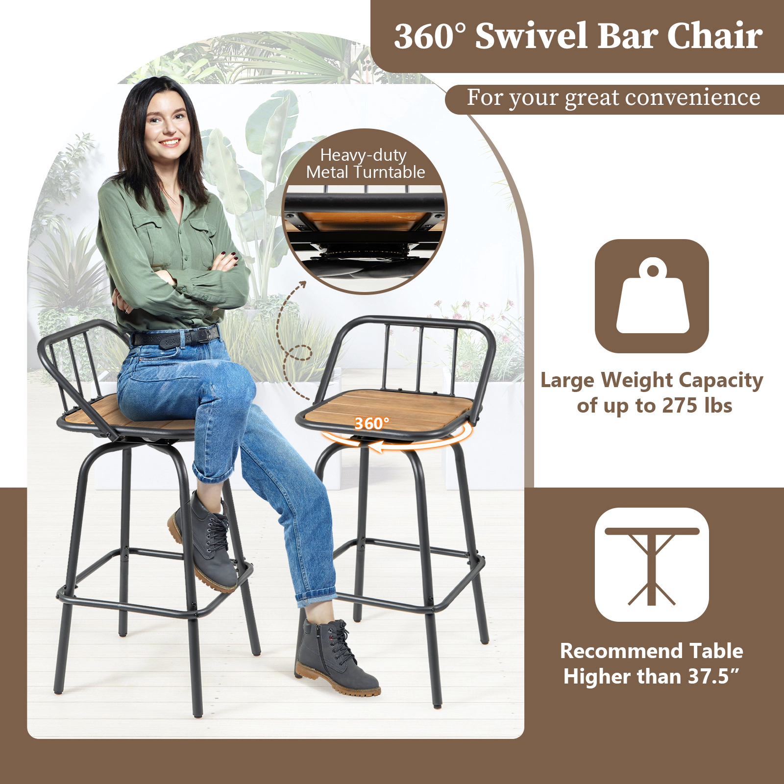 SUGIFT 360° Swivel Bar Stool Set of 2 with Curved Backrest and Footrest 275-lb Capacity Black + Natural