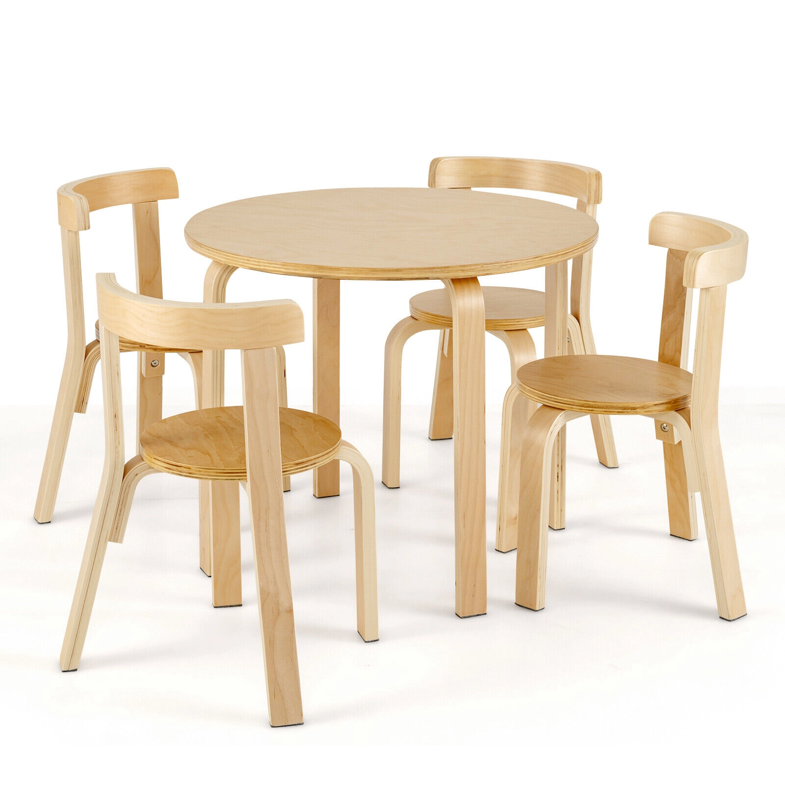 SUGIFT 5-Piece 55-lb Capacity Kids Wooden Round Activity Table and 4 Curved Back Chairs with Toy Bricks