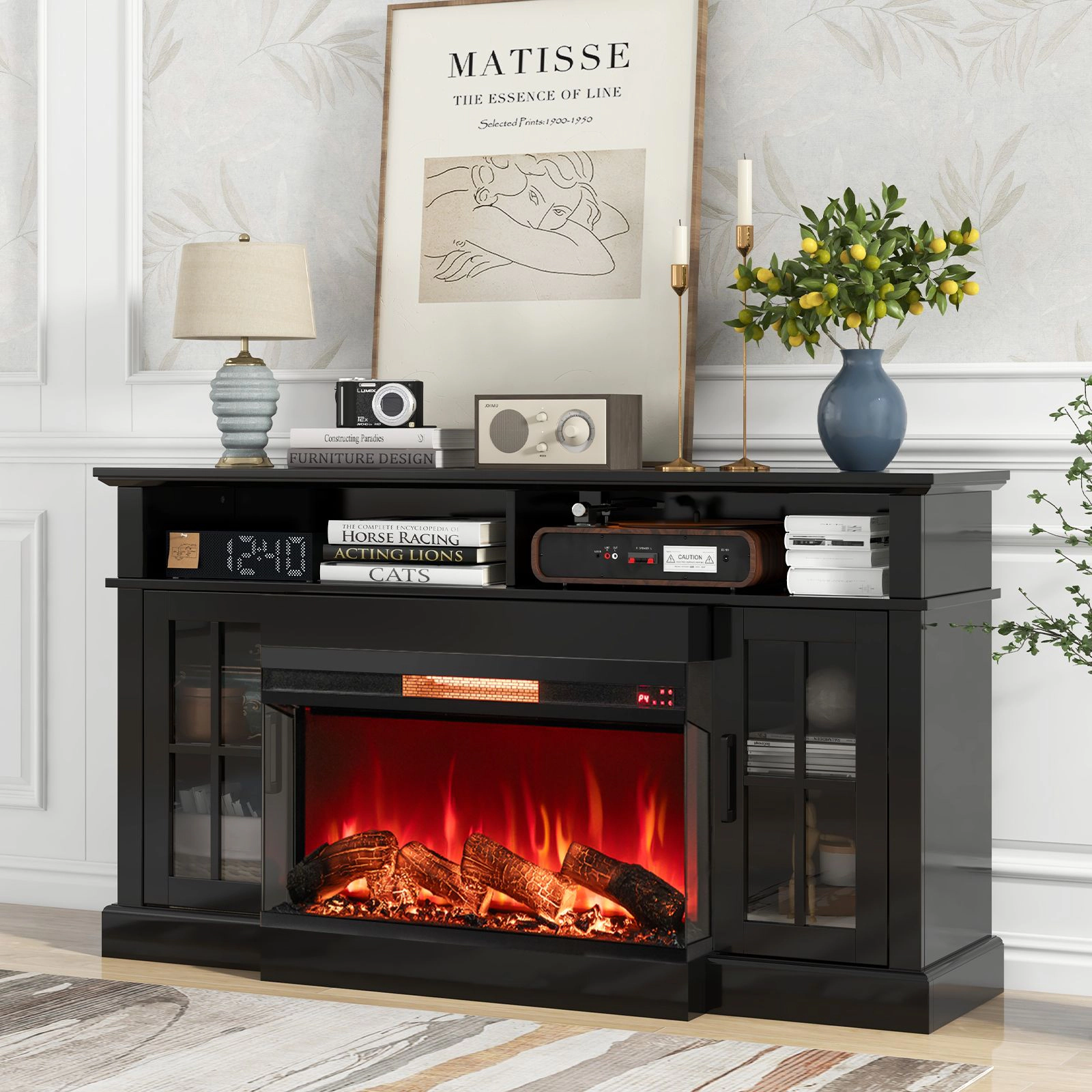 SlickBlue Black Tempered Glass Electric Fireplace, 1500W, 5118 BTU, 8 Flame Modes, 3-Sided View