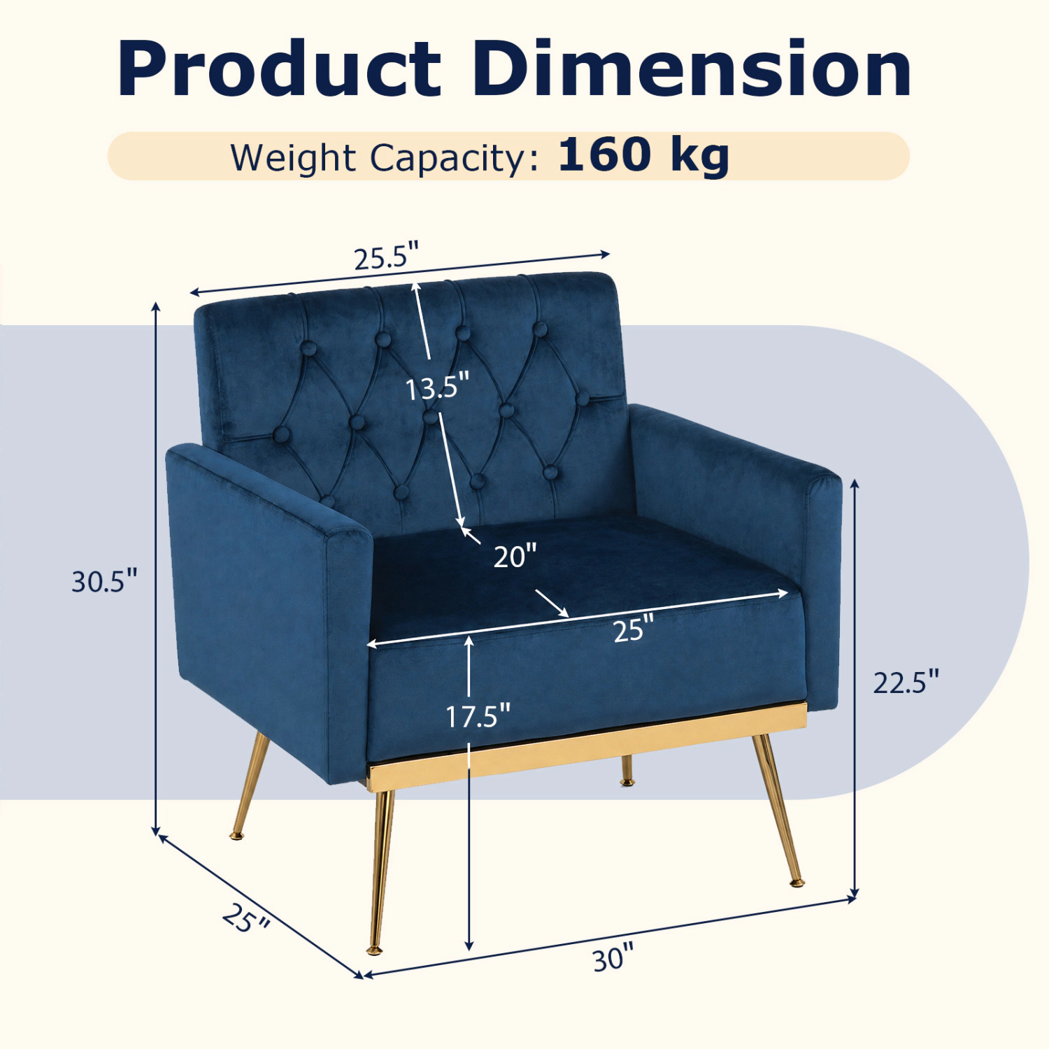 LJG Modern Velvet Upholstered Accent Chair with Button-Tufted Back and Adjustable Feet