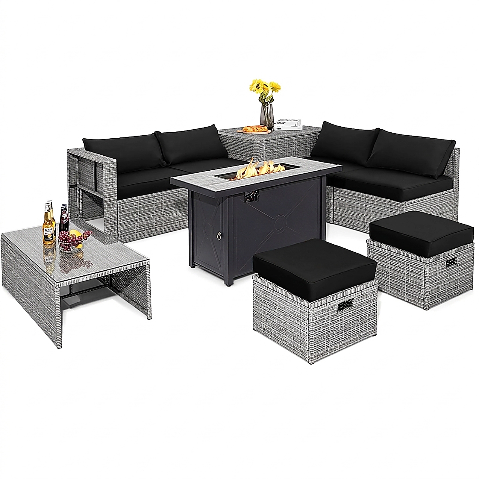 SUGIFT 42 60000 BTU Fire Pit Table and Storage Box 9-Piece Patio Rattan Sectional Set