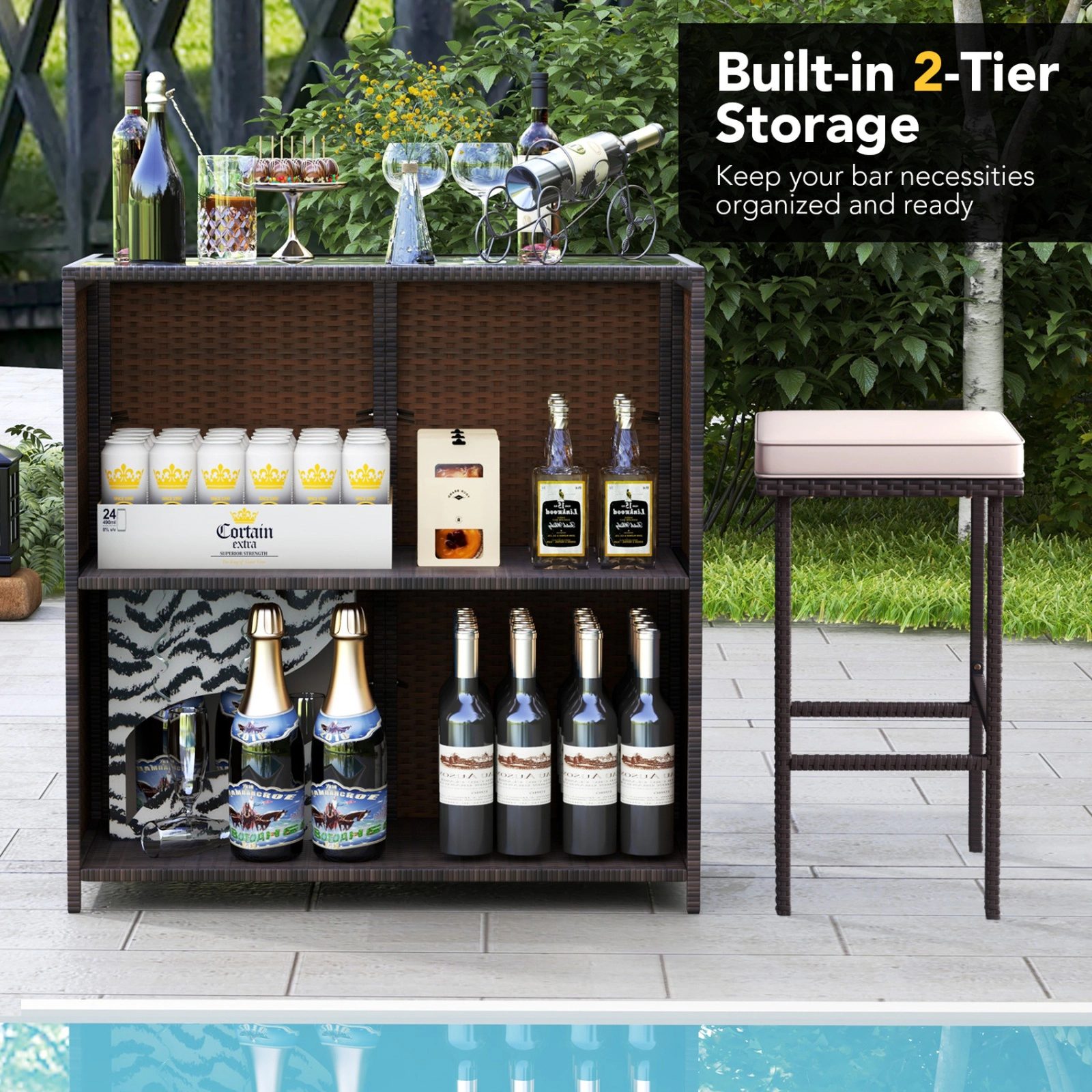 SUGIFT 3-Piece Rattan Wicker Bar Set with Bar Table and Cushioned Stools 360-lb Chair Capacity As the Picture Shows