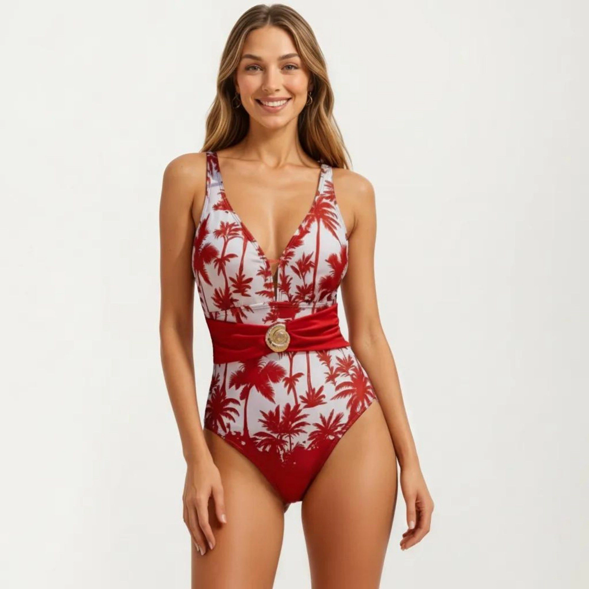 Anna-Kaci Women One-Piece Swimsuit - Palm Tree Print V-Neck, Wide Straps, Waist Detail
