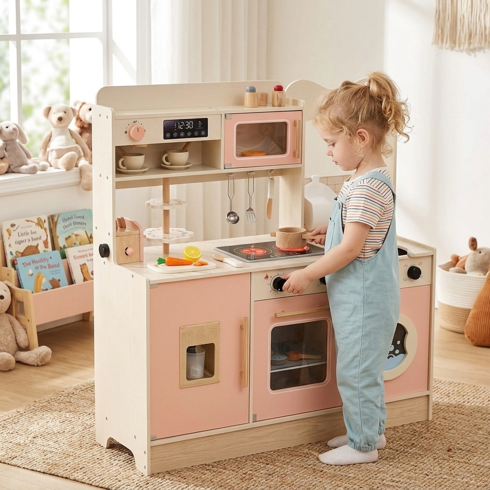 Toy Kitchen Playset Lights and Sounds 25 Accessories Dessert Rack Detachable Sink 39.5-in Kids Play Kitchen Ages 3+ Pink
