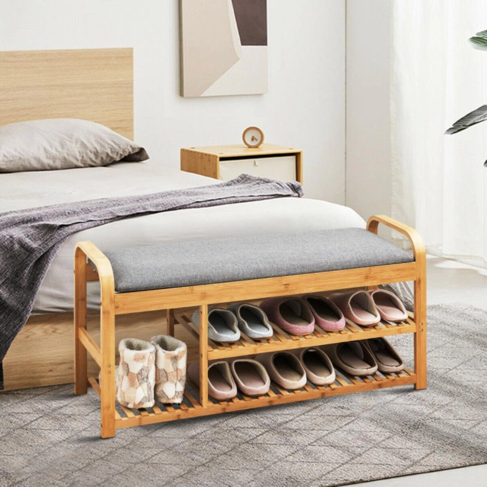 Hivvago 3-Tier Bamboo Shoe Rack Bench with Cushion-Natural