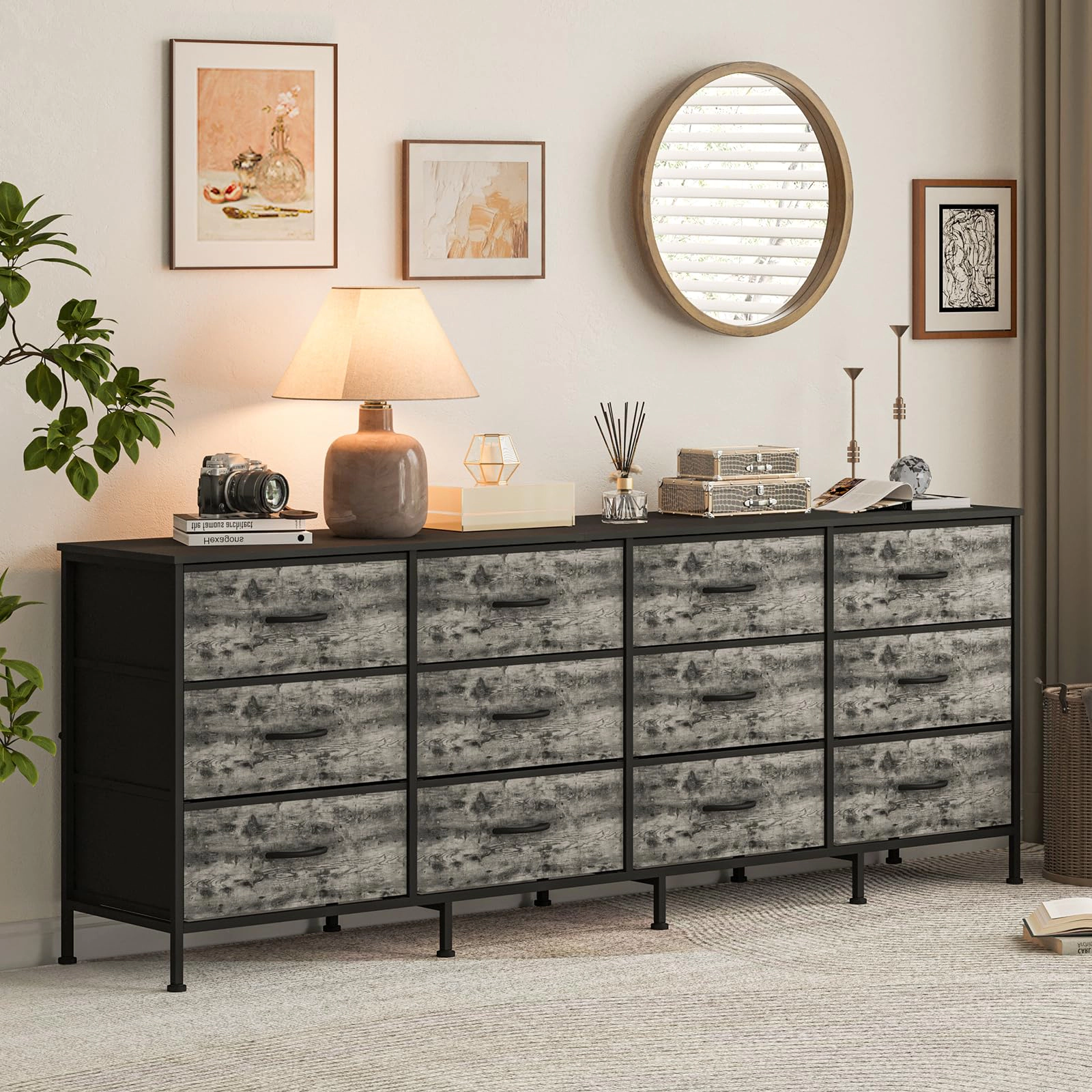 70.8" 12 Drawer Fabric Dresser TV Stand for Up to 80" with Wood Top