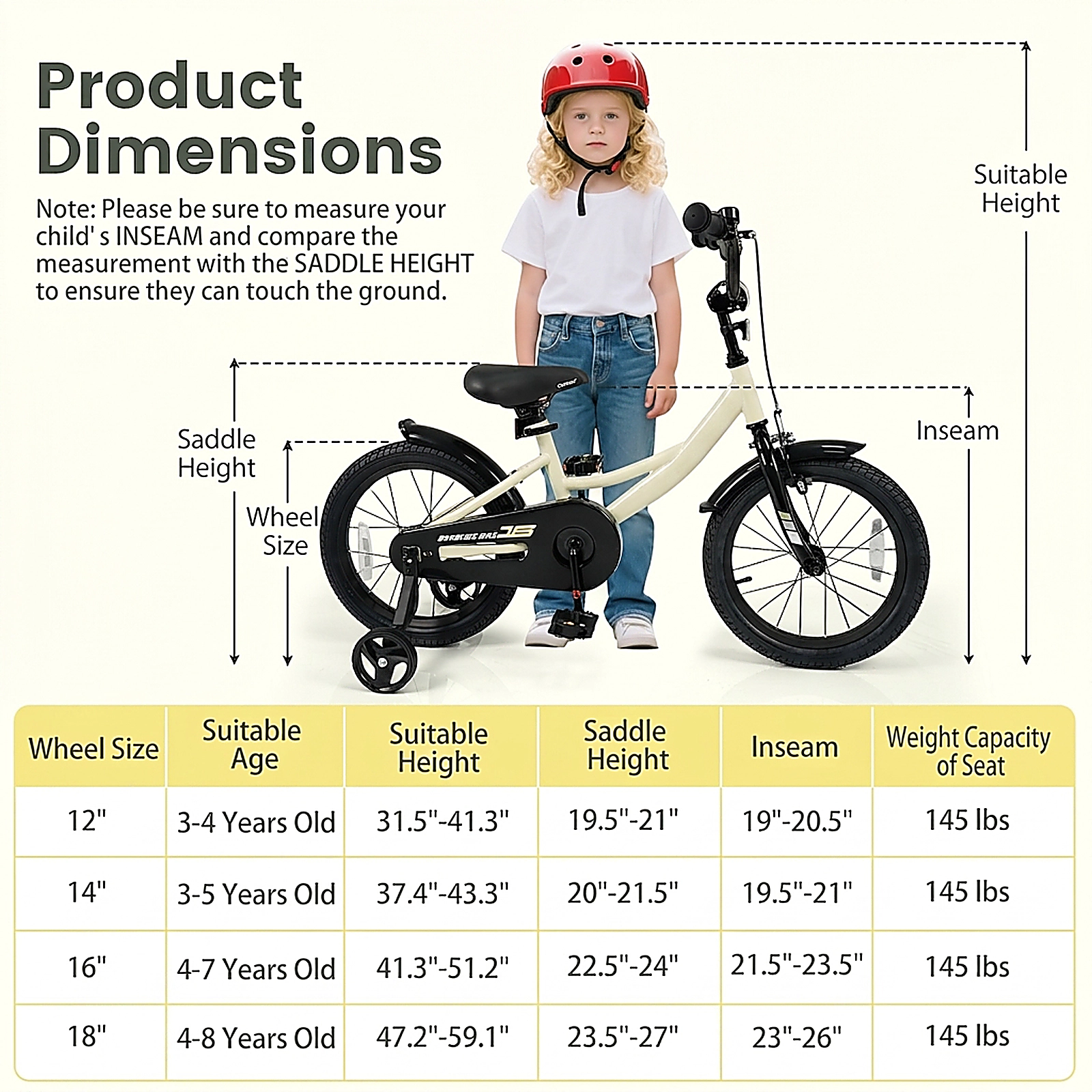 SUGIFT Adjustable Handlebar and Seat Kids Sport Bicycle with Removable Training Wheels 145-lb Capacity Ages 4-7 Years