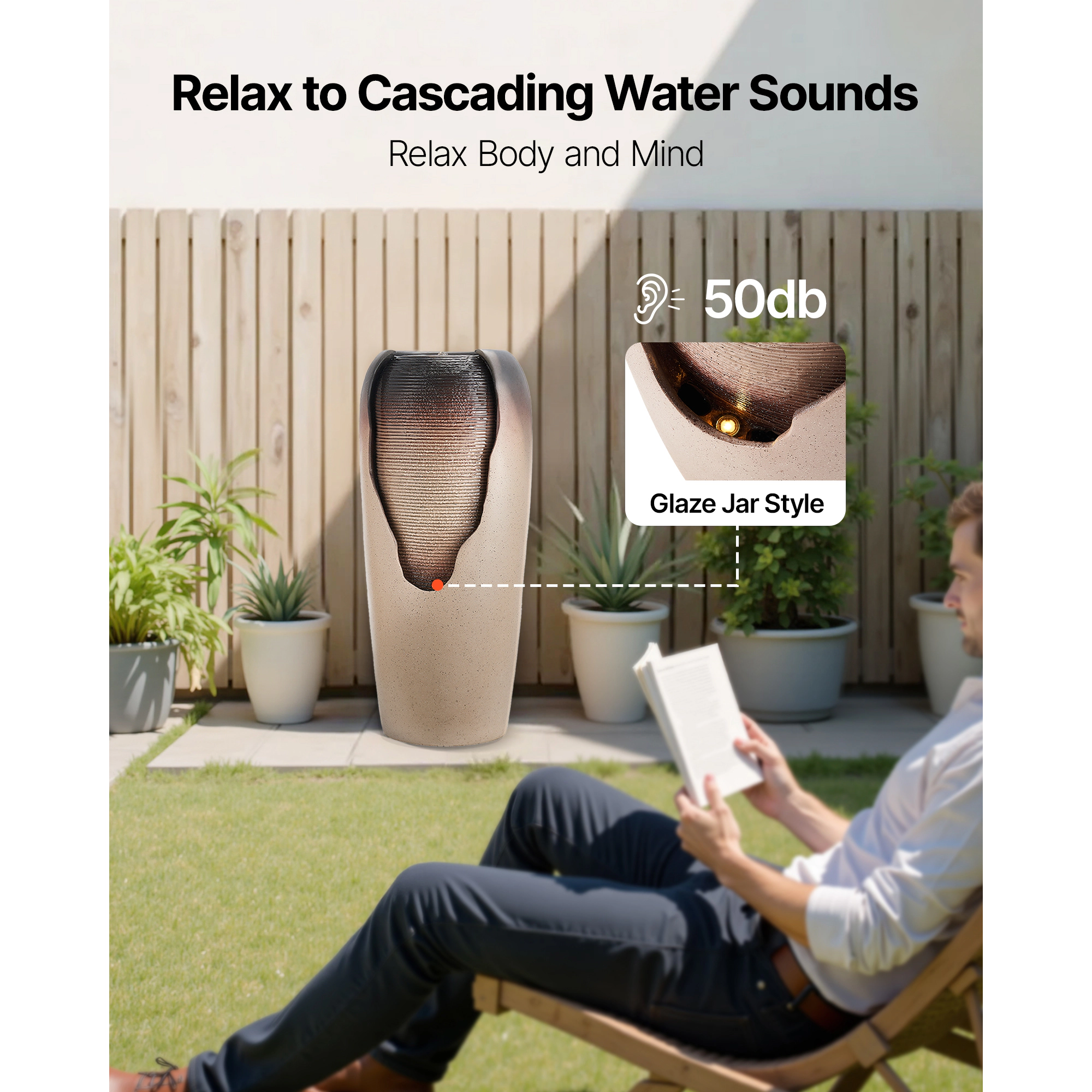 HONGGE 1-Tier Glazed Jar Outdoor Water Fountain with LED Light, 30.7 in Resin Waterfall for Garden & Patio